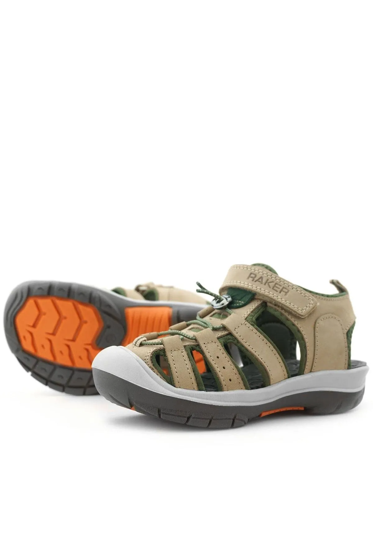 Hakiki Deri Kum Rengi Haki Yeşil Çocuk Sandalet
