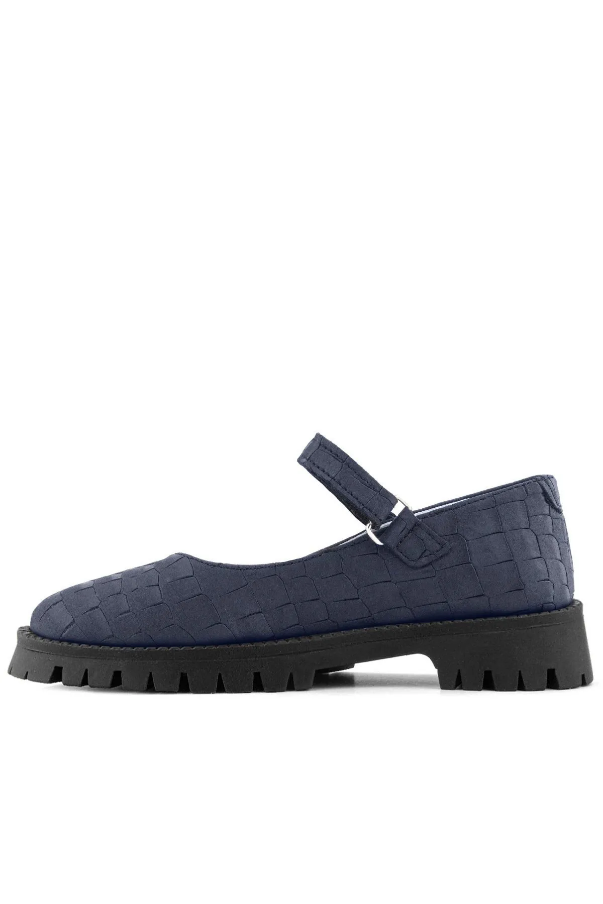 Hakiki Deri Lacivert Desenli Cırtlı Kalın Tabanlı Kız Çocuk Ayakkabısı