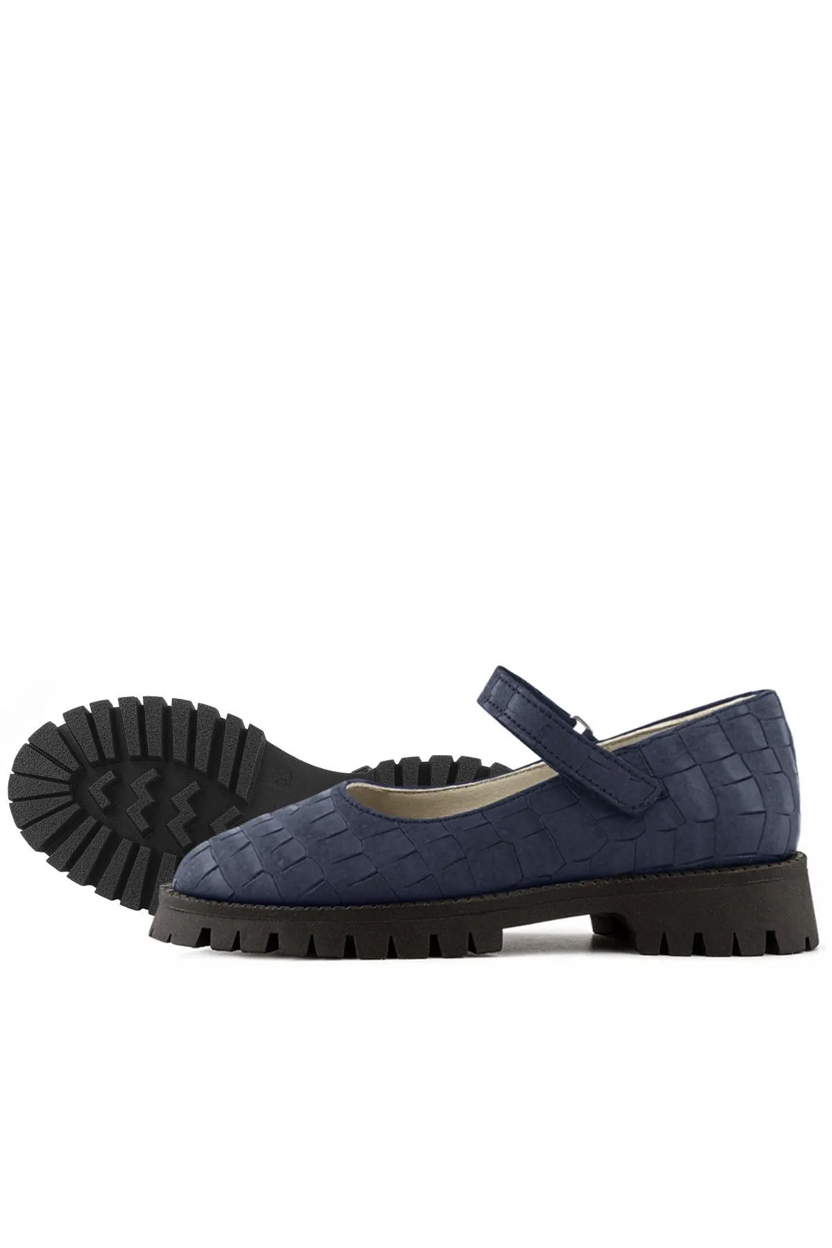 Hakiki Deri Lacivert Desenli Cırtlı Kalın Tabanlı Kız Çocuk Ayakkabısı