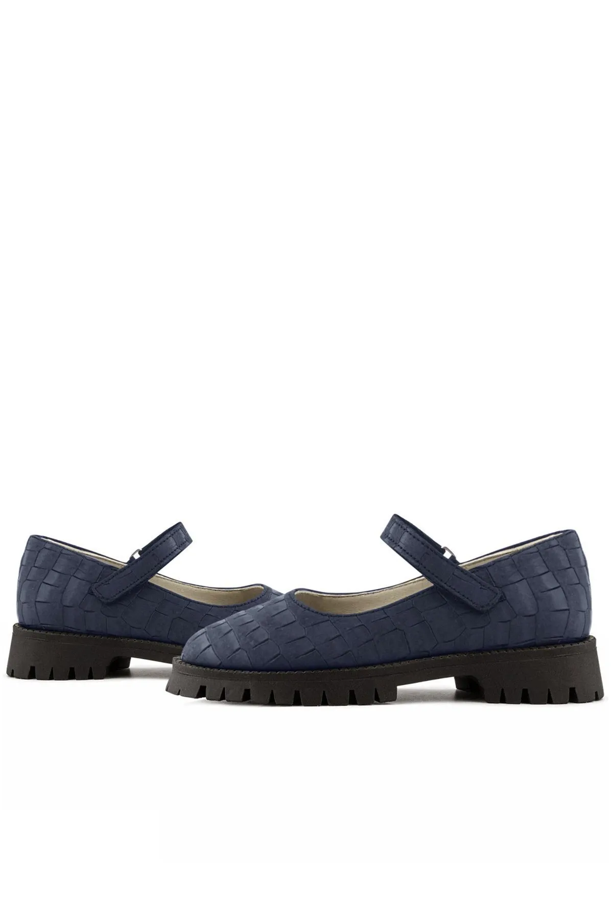 Hakiki Deri Lacivert Desenli Cırtlı Kalın Tabanlı Kız Çocuk Ayakkabısı