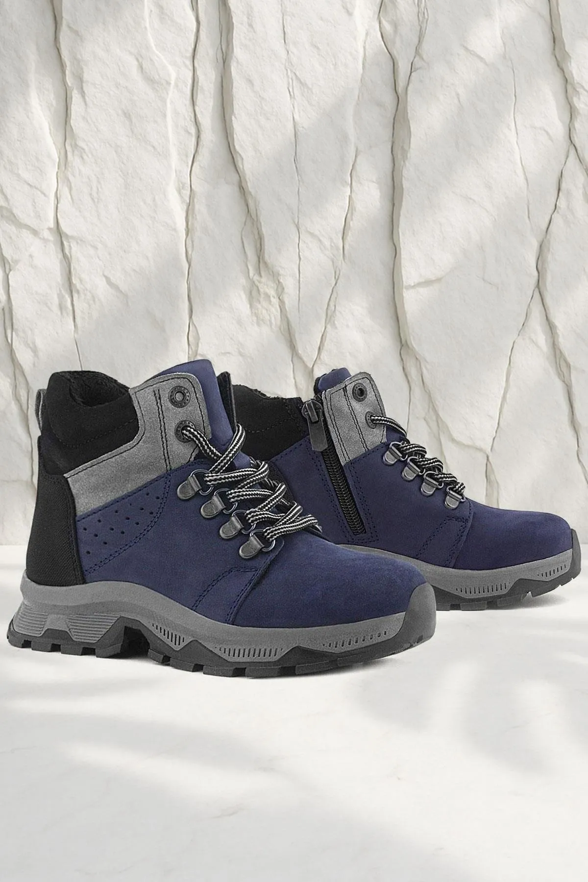 Hakiki Deri Lacivert Fermuarlı Trekking Çocuk Bot