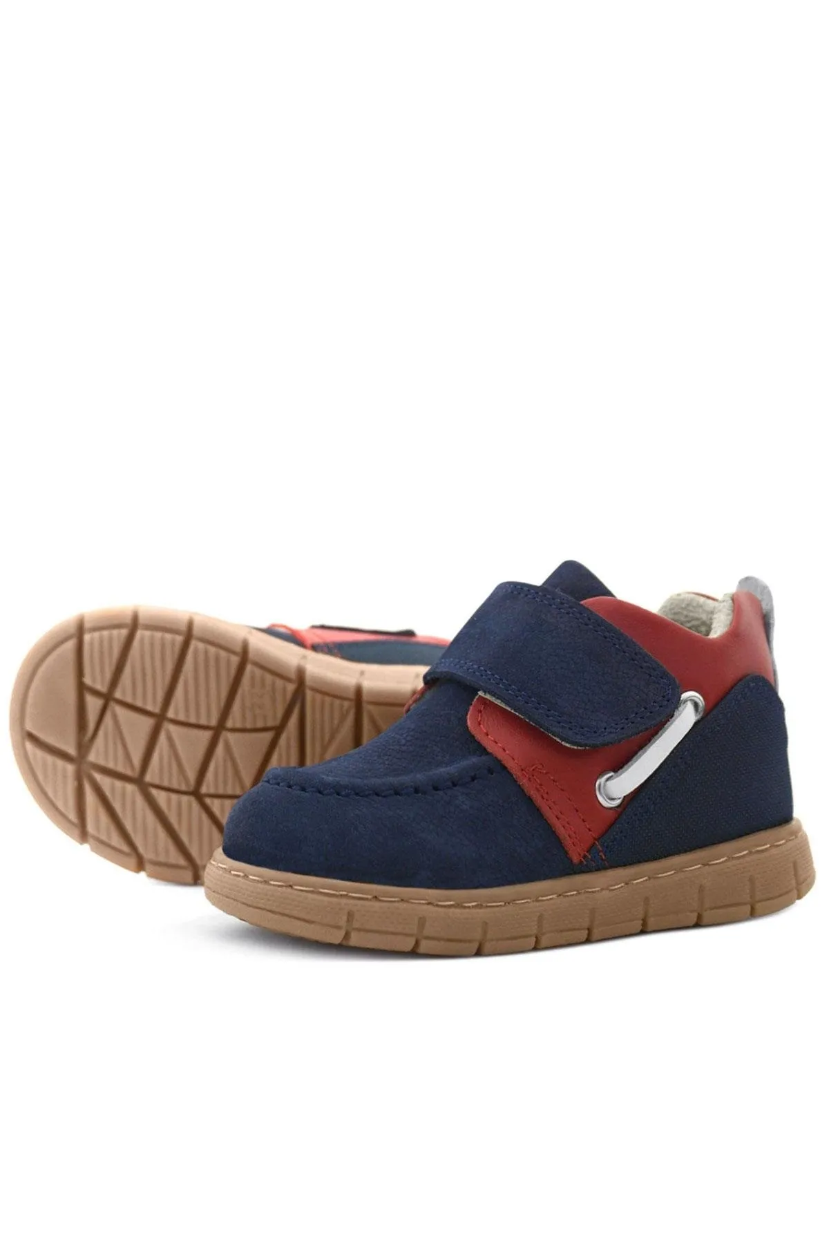 Hakiki Deri Lacivert Kırmızı Cırt Cırtlı Bebek Bot