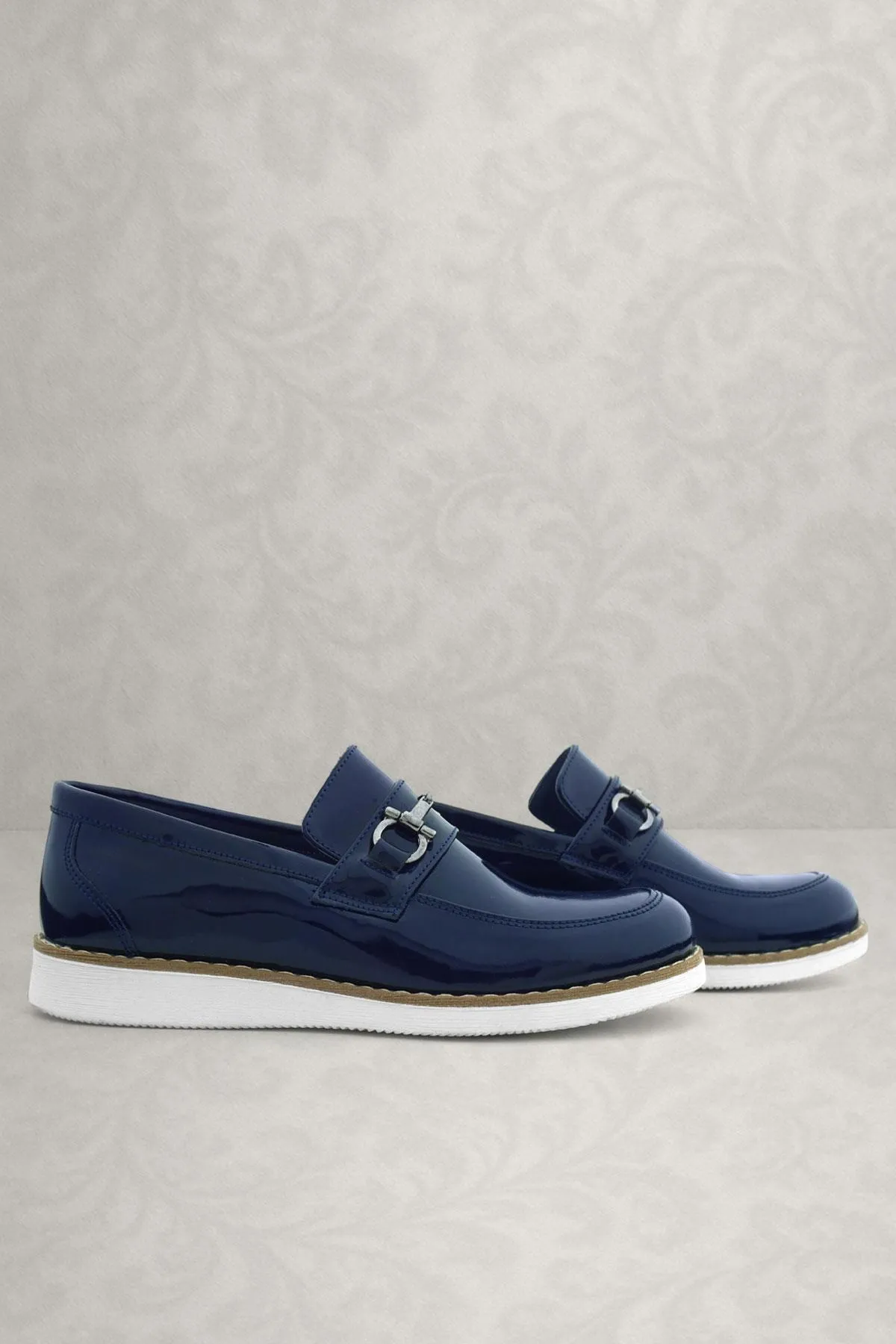 Hakiki Deri Lacivert Rugan Beyaz Tabanlı Loafer Çocuk Klasik Ayakkabı