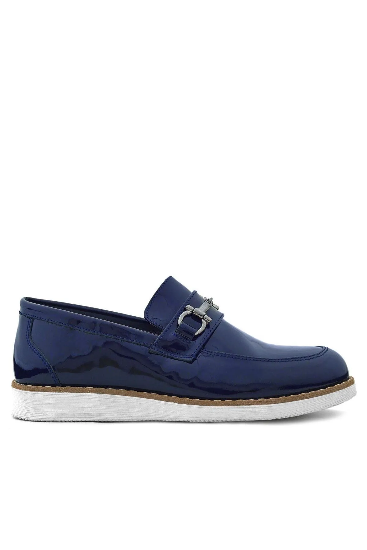 Hakiki Deri Lacivert Rugan Beyaz Tabanlı Loafer Çocuk Klasik Ayakkabı