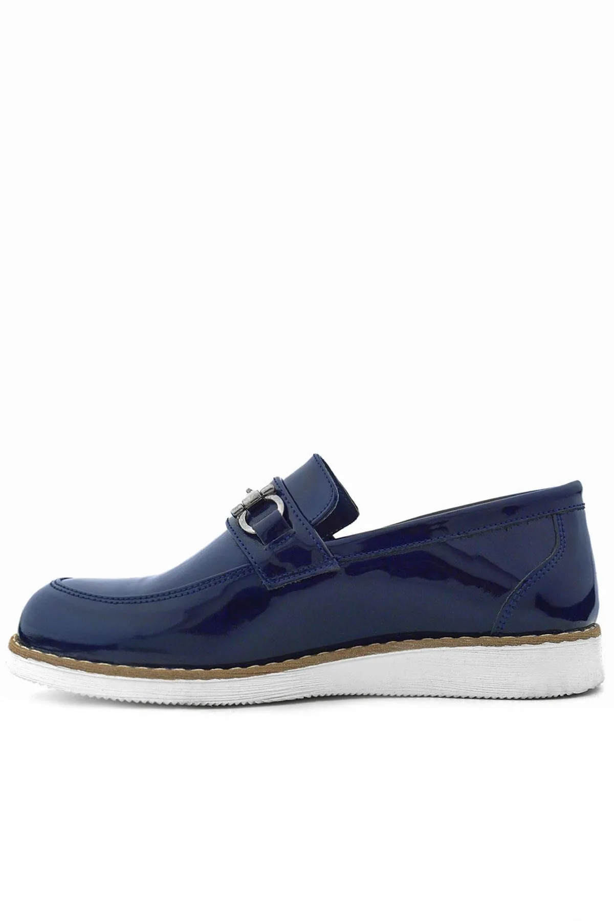 Hakiki Deri Lacivert Rugan Beyaz Tabanlı Loafer Çocuk Klasik Ayakkabı