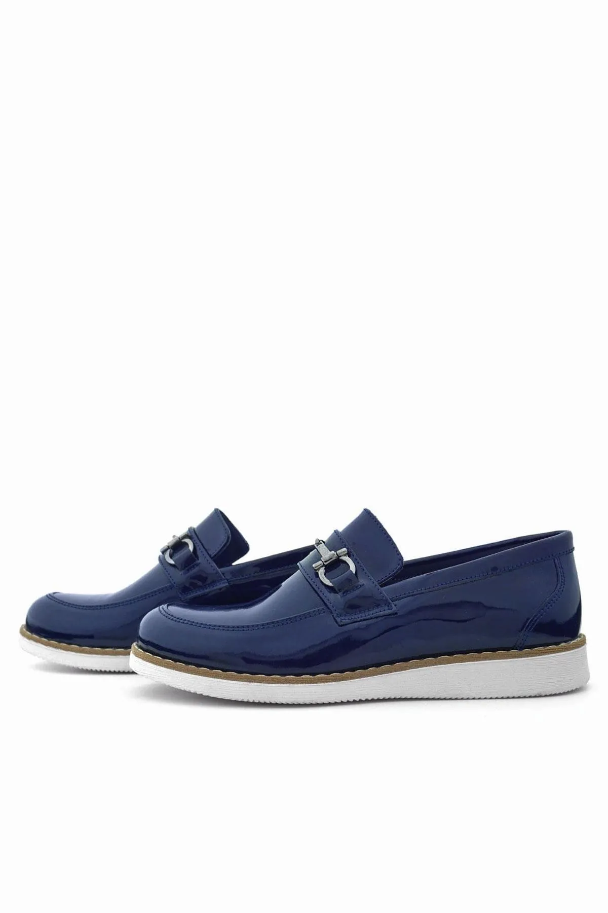 Hakiki Deri Lacivert Rugan Beyaz Tabanlı Loafer Çocuk Klasik Ayakkabı