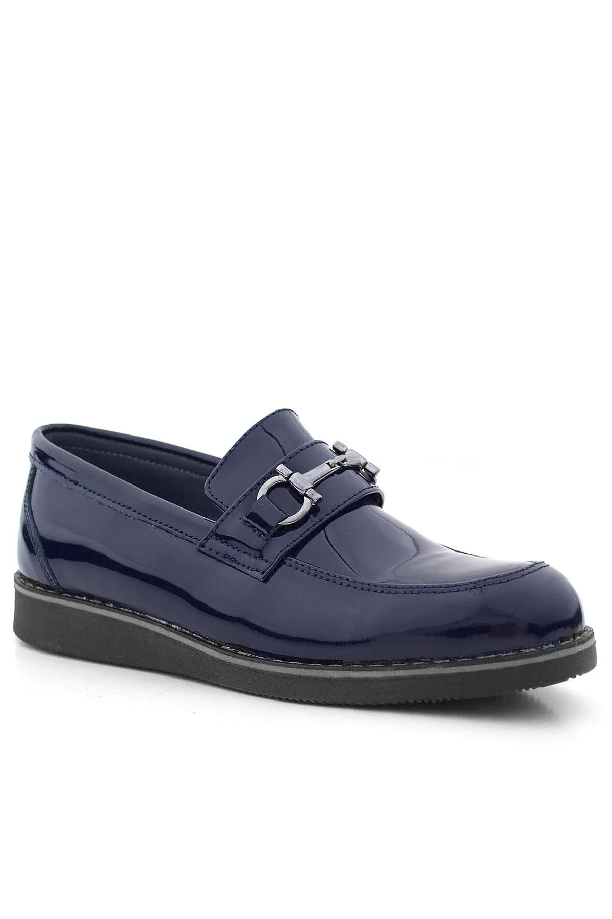 Hakiki Deri Lacivert Rugan Tokalı Loafer Çocuk Klasik Ayakkabı