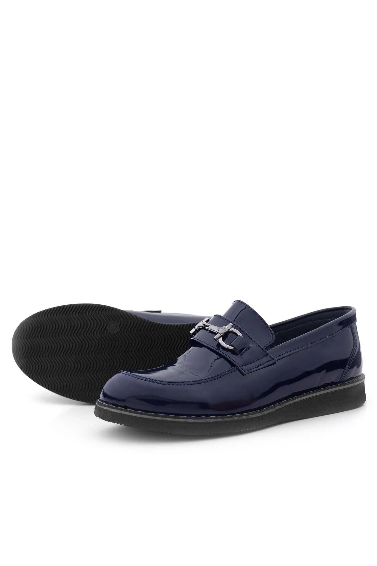 Hakiki Deri Lacivert Rugan Tokalı Loafer Çocuk Klasik Ayakkabı