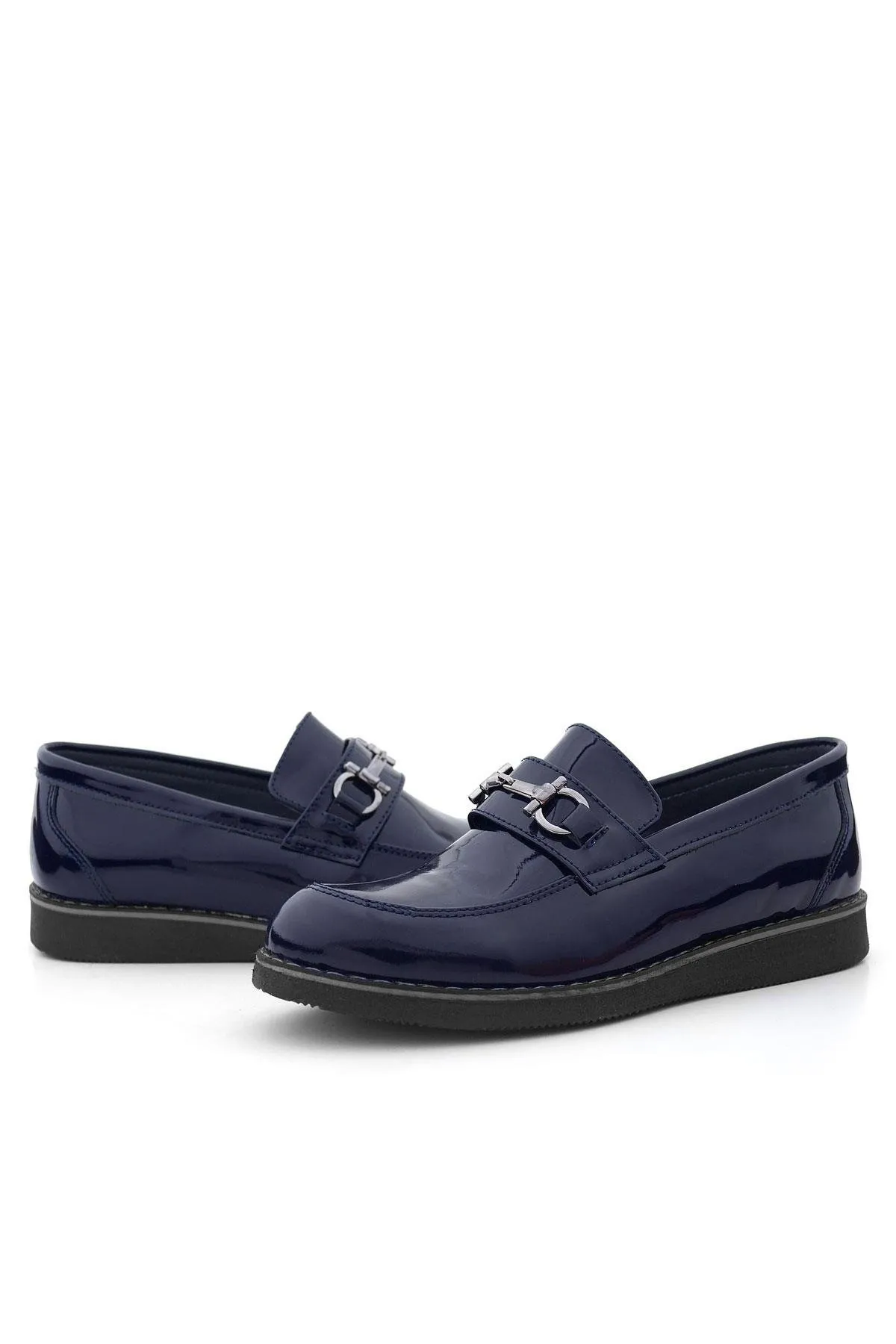 Hakiki Deri Lacivert Rugan Tokalı Loafer Çocuk Klasik Ayakkabı