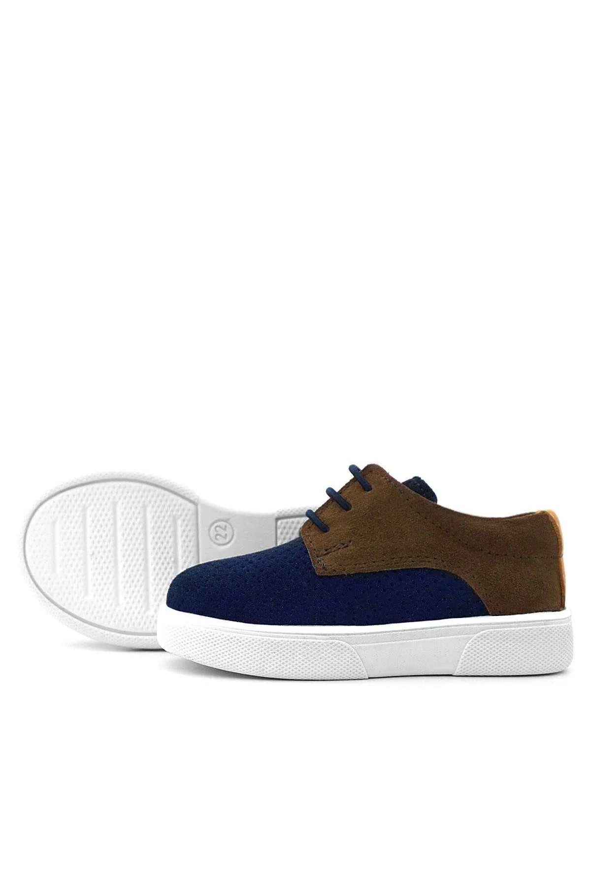 Hakiki Deri Lacivert Sarı Kahve Lastikli Erkek Çocuk Günlük Ayakkabı