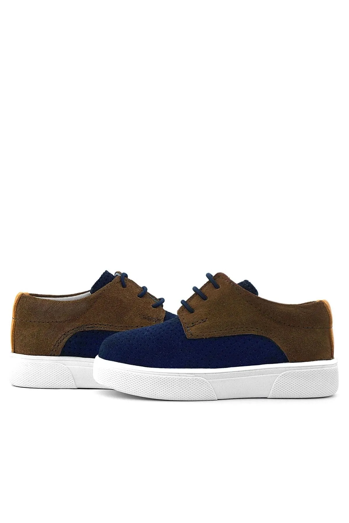 Hakiki Deri Lacivert Sarı Kahve Lastikli Erkek Çocuk Günlük Ayakkabı