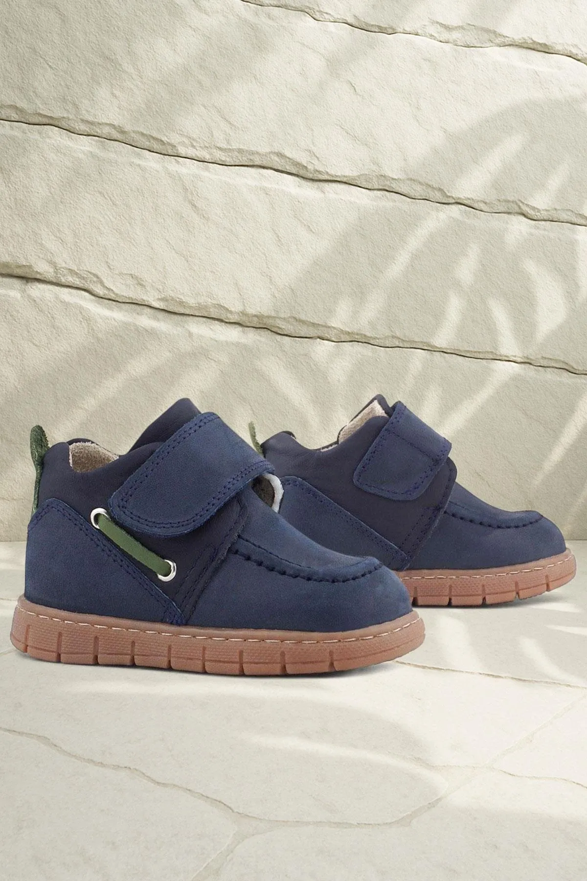 Hakiki Deri Lacivert Yeşil Cırt Cırtlı Bebek Bot