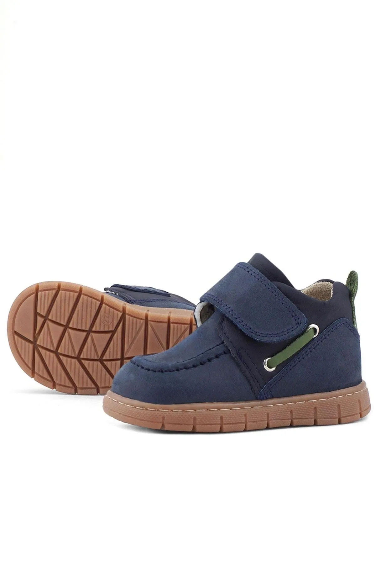 Hakiki Deri Lacivert Yeşil Cırt Cırtlı Bebek Bot