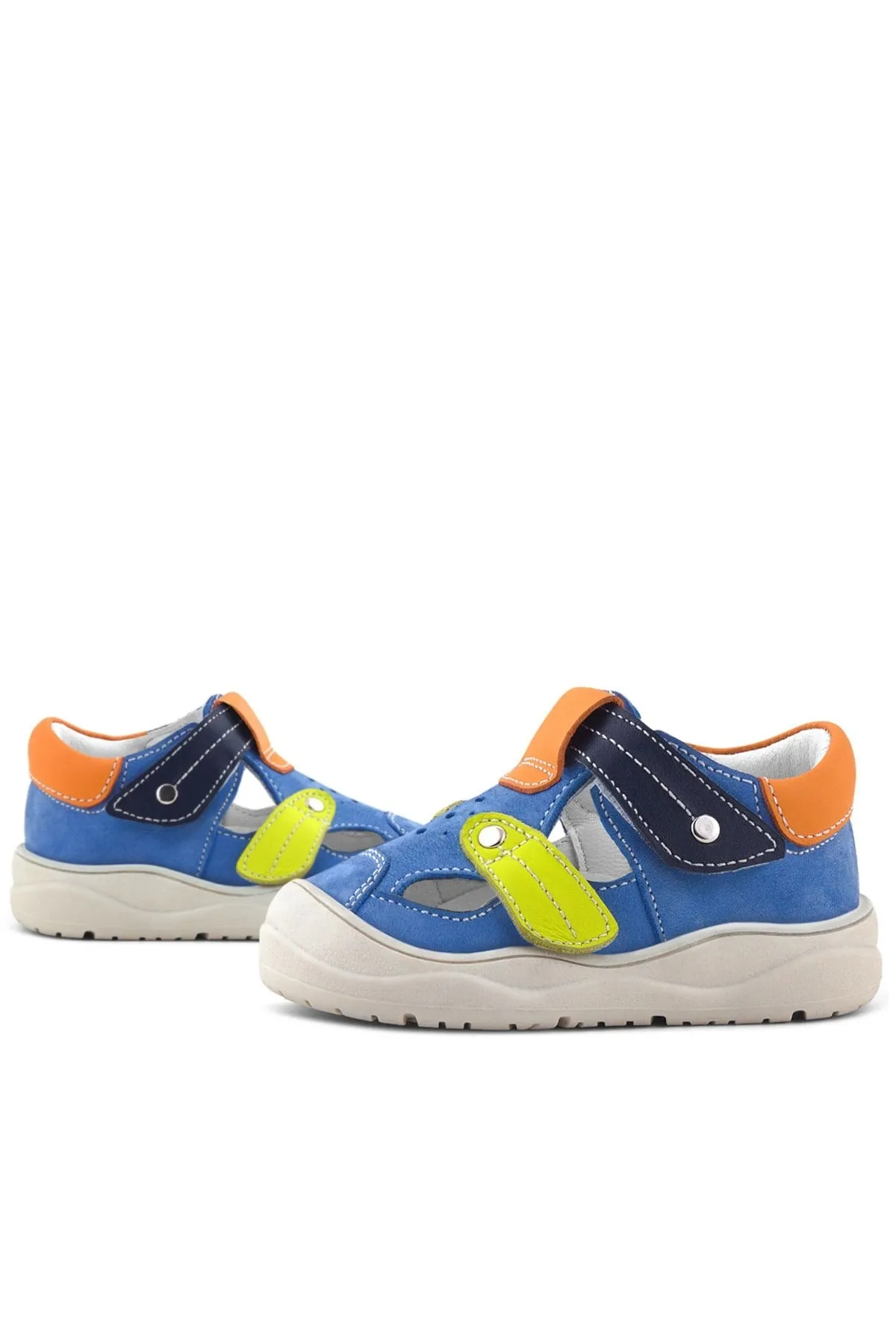 Hakiki Deri Mavi Turuncu Cırt Cırtlı Bebek Sandalet