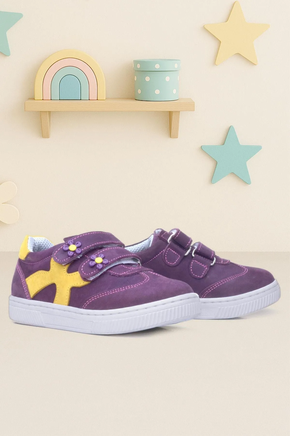 Hakiki Deri Mor Sarı Cırtlı Çiçek Detaylı Kız Çocuk Günlük Ayakkabı