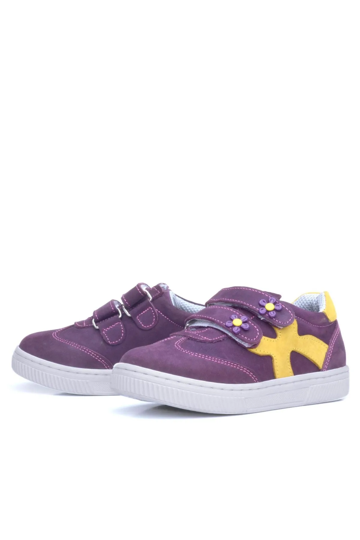 Hakiki Deri Mor Sarı Cırtlı Çiçek Detaylı Kız Çocuk Günlük Ayakkabı