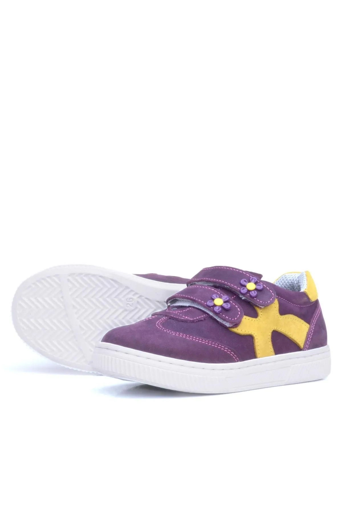 Hakiki Deri Mor Sarı Cırtlı Çiçek Detaylı Kız Çocuk Günlük Ayakkabı