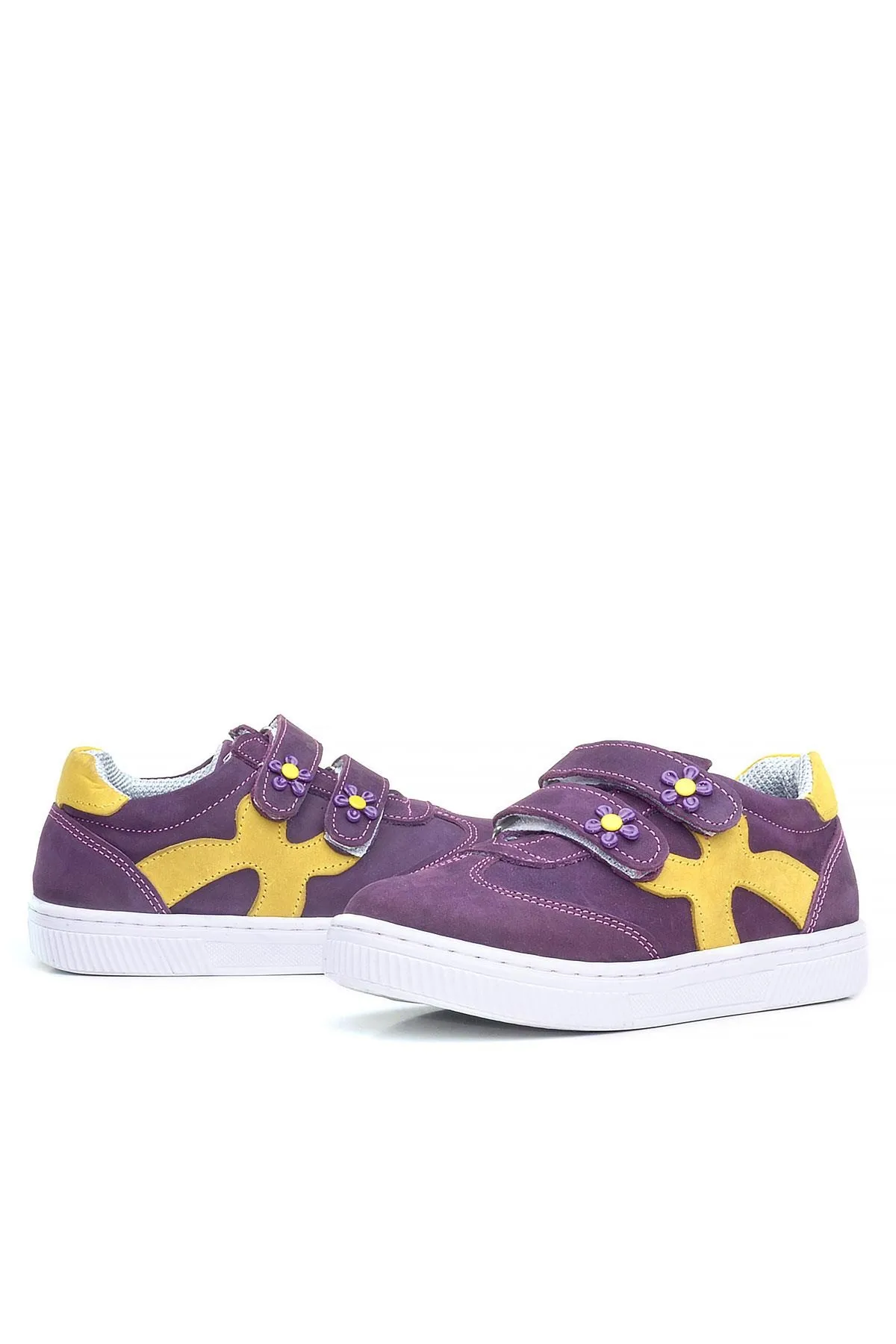 Hakiki Deri Mor Sarı Cırtlı Çiçek Detaylı Kız Çocuk Günlük Ayakkabı