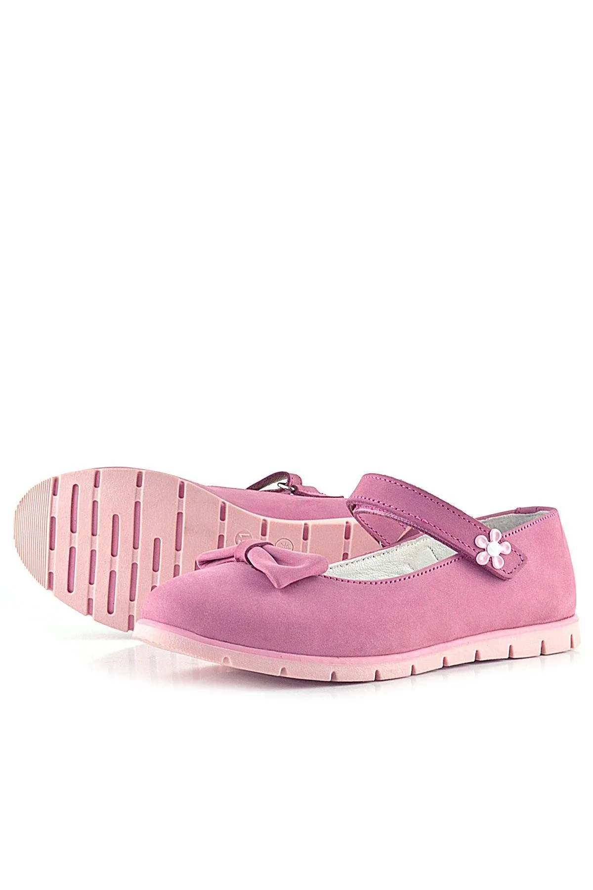 Hakiki Deri Pembe Fiyonklu Çiçek Detaylı Cırtlı Kız Çocuk Babet