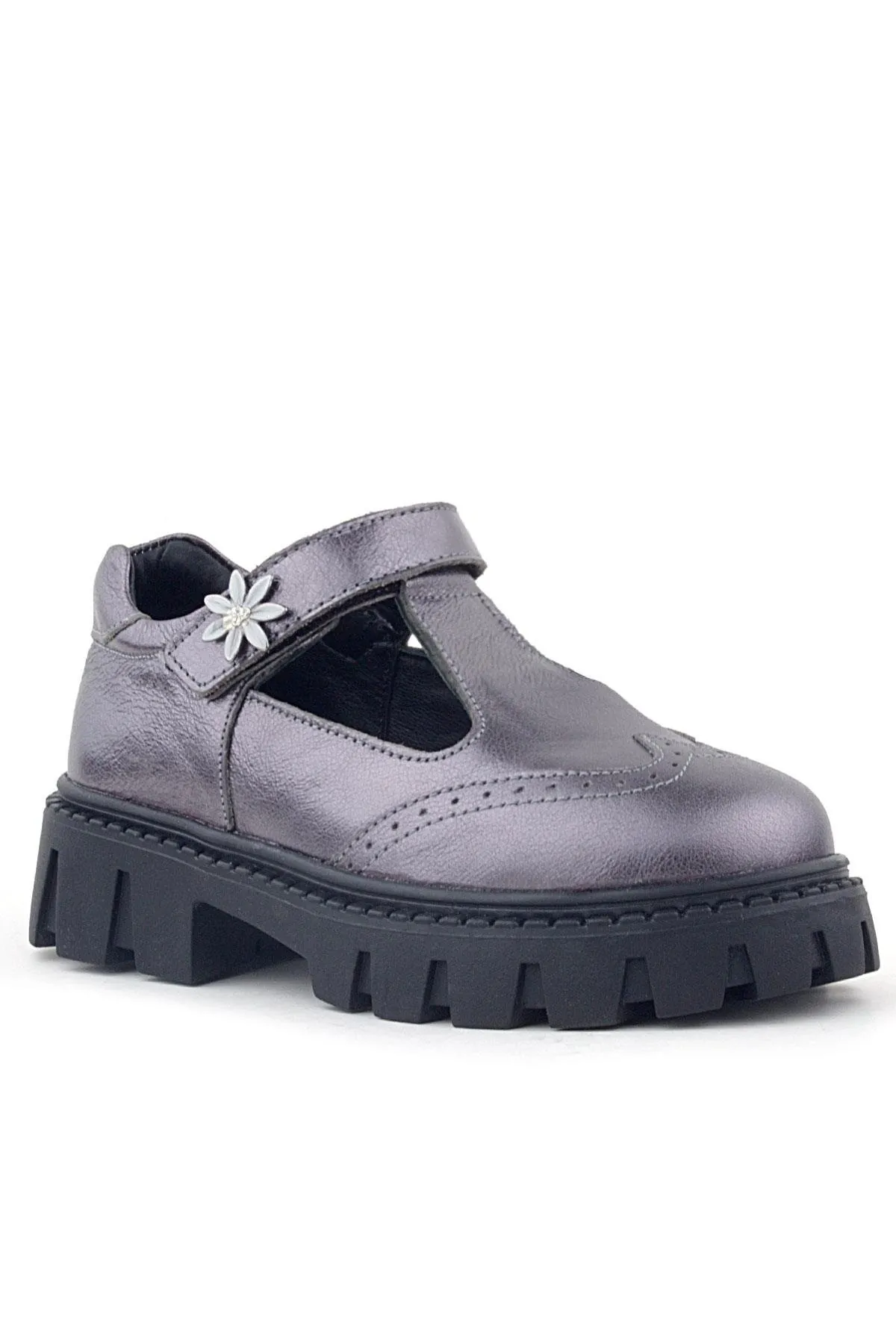 Hakiki Deri Platin Çiçek Detaylı Cırtlı Kız Çocuk Okul Ayakkabı