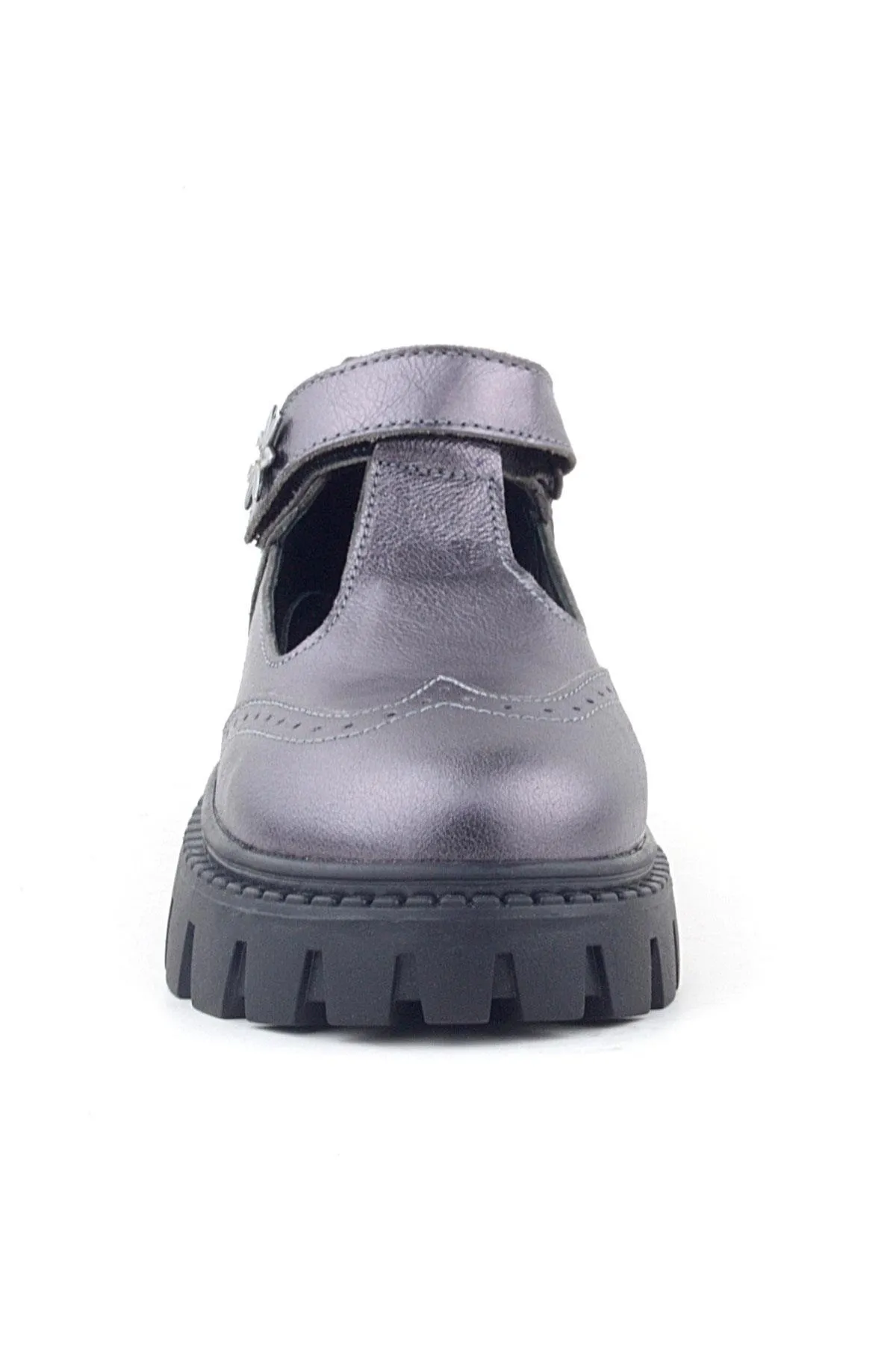 Hakiki Deri Platin Çiçek Detaylı Cırtlı Kız Çocuk Okul Ayakkabı