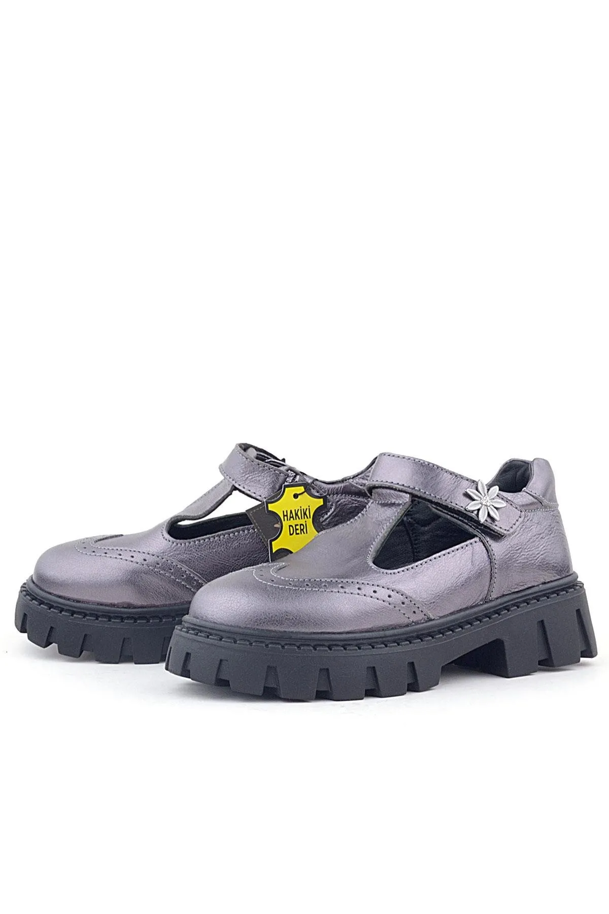 Hakiki Deri Platin Çiçek Detaylı Cırtlı Kız Çocuk Okul Ayakkabı