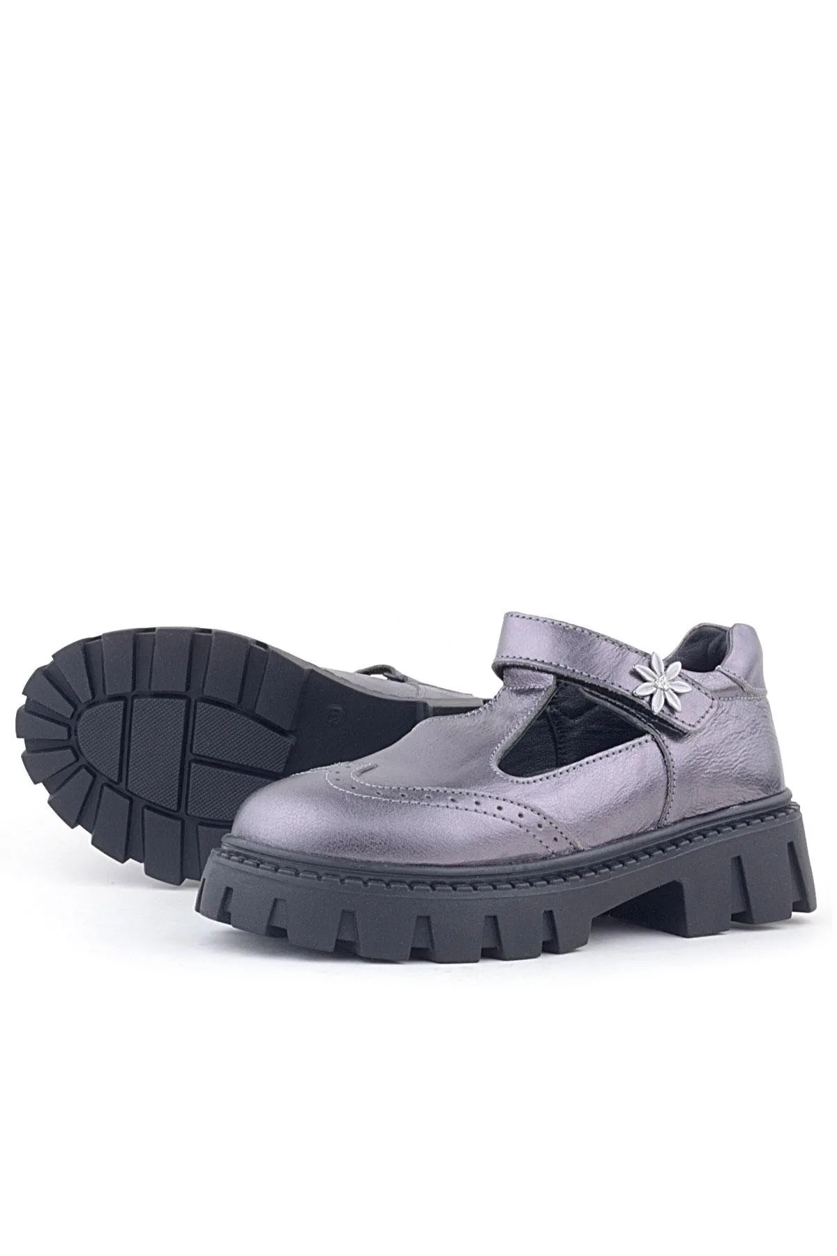 Hakiki Deri Platin Çiçek Detaylı Cırtlı Kız Çocuk Okul Ayakkabı