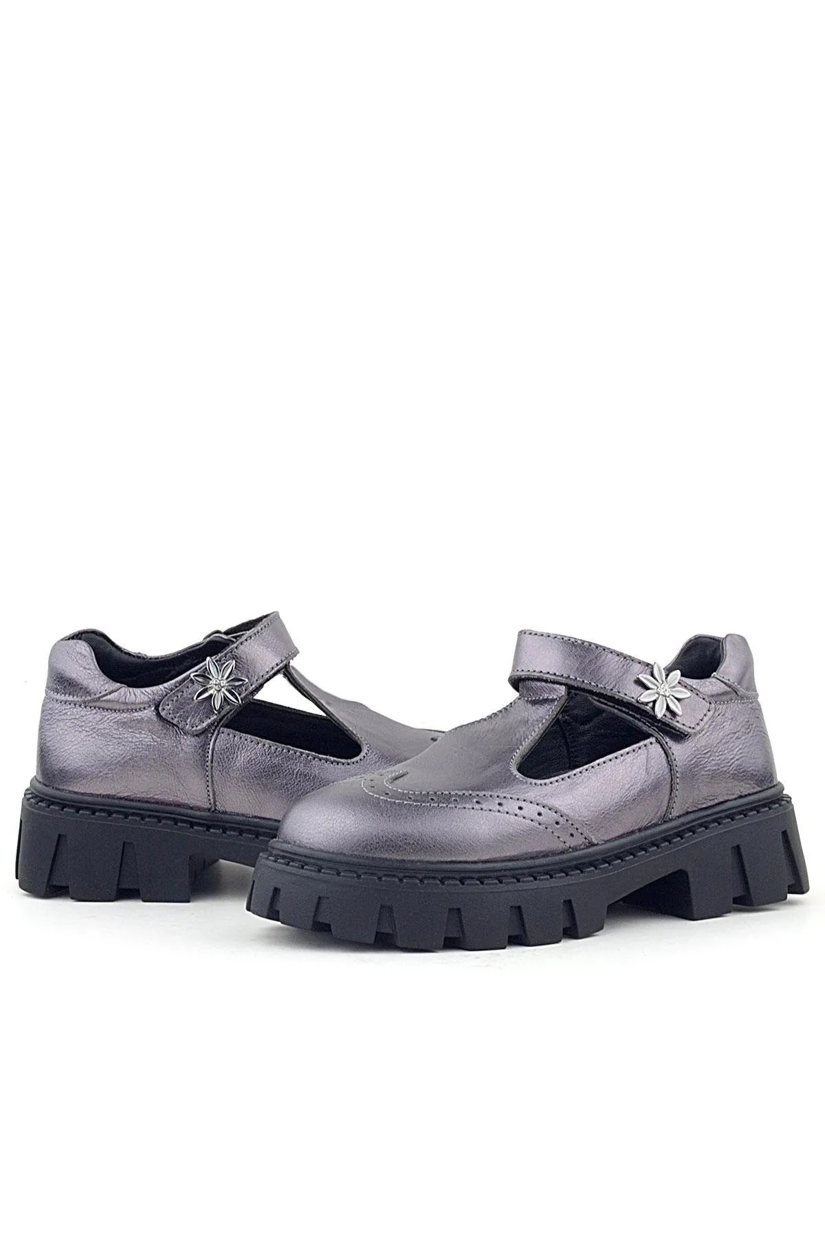 Hakiki Deri Platin Çiçek Detaylı Cırtlı Kız Çocuk Okul Ayakkabı