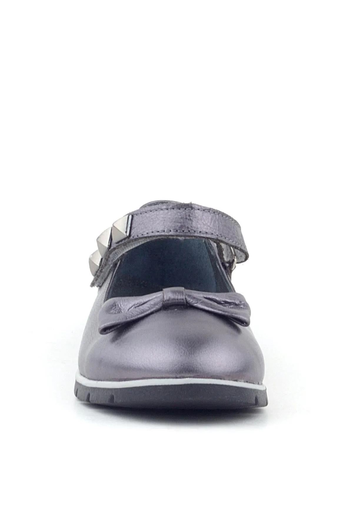 Hakiki Deri Platin Cırtlı Metal Detaylı Kız Çocuk Babet Ayakkabı