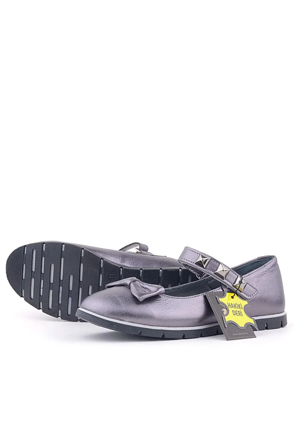 Hakiki Deri Platin Cırtlı Metal Detaylı Kız Çocuk Babet Ayakkabı