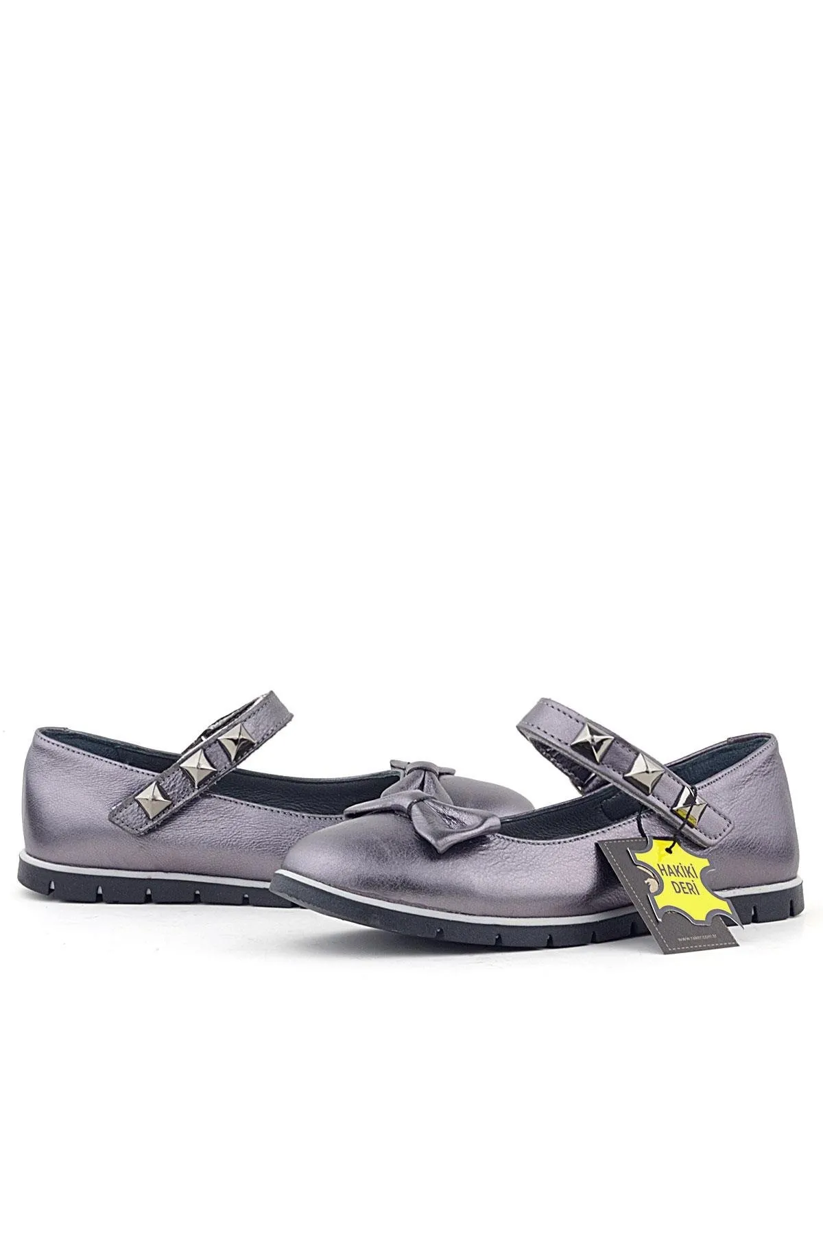 Hakiki Deri Platin Cırtlı Metal Detaylı Kız Çocuk Babet Ayakkabı