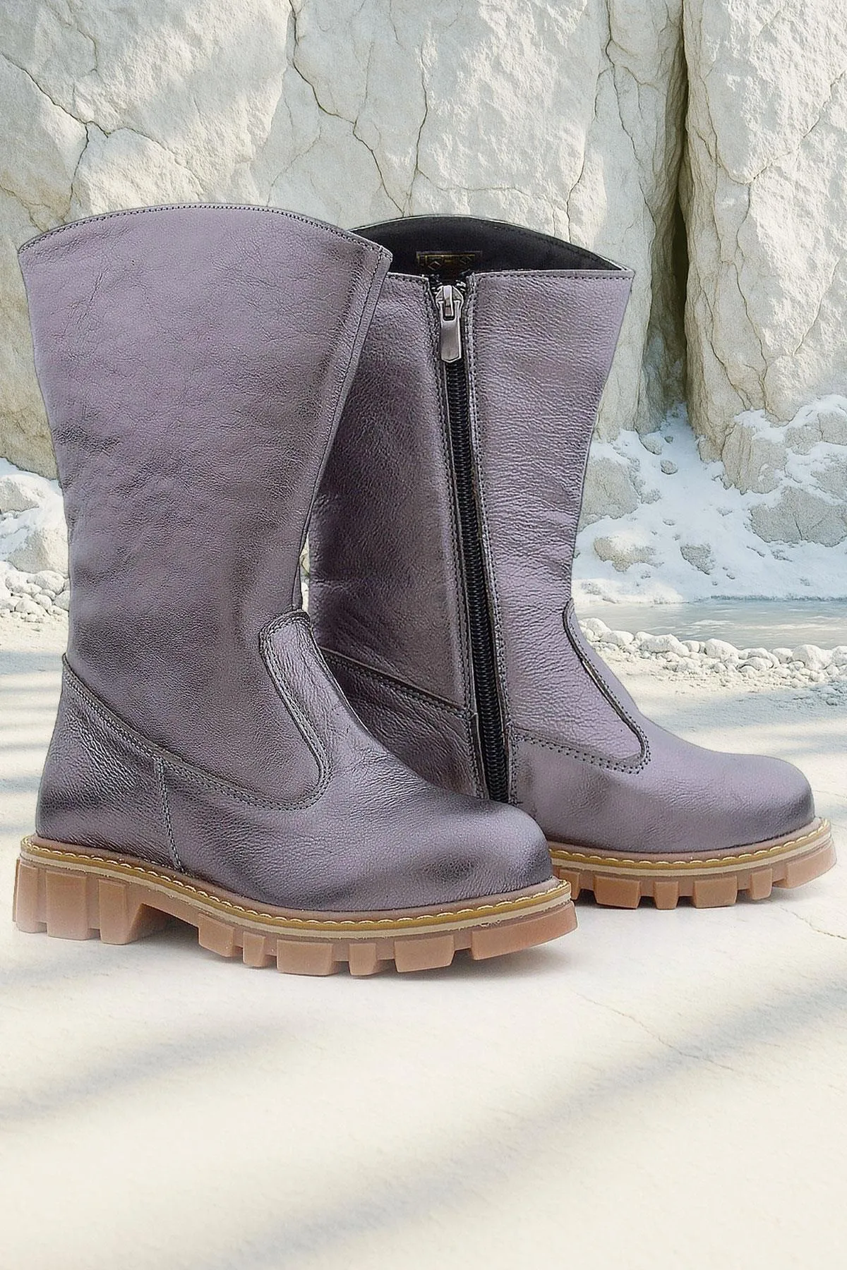 Hakiki Deri Platin Fermuarlı Uzun Kız Çocuk Çizme