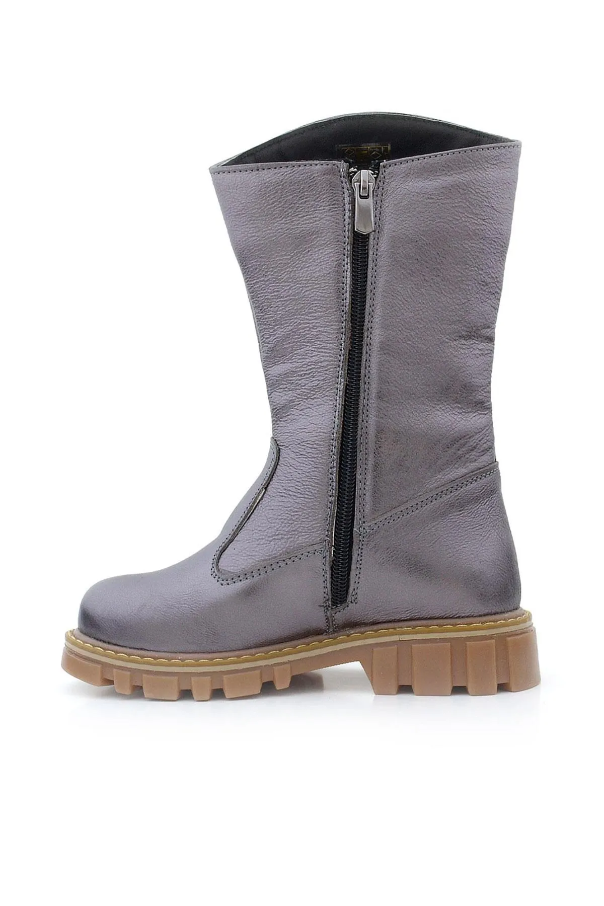 Hakiki Deri Platin Fermuarlı Uzun Kız Çocuk Çizme