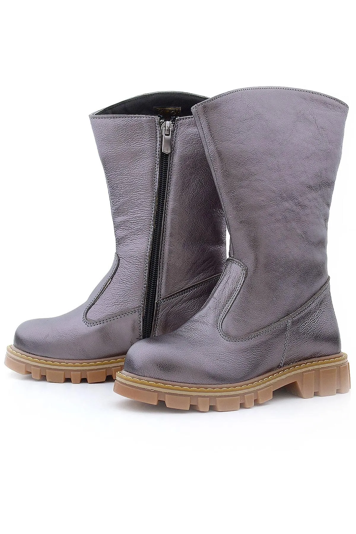 Hakiki Deri Platin Fermuarlı Uzun Kız Çocuk Çizme