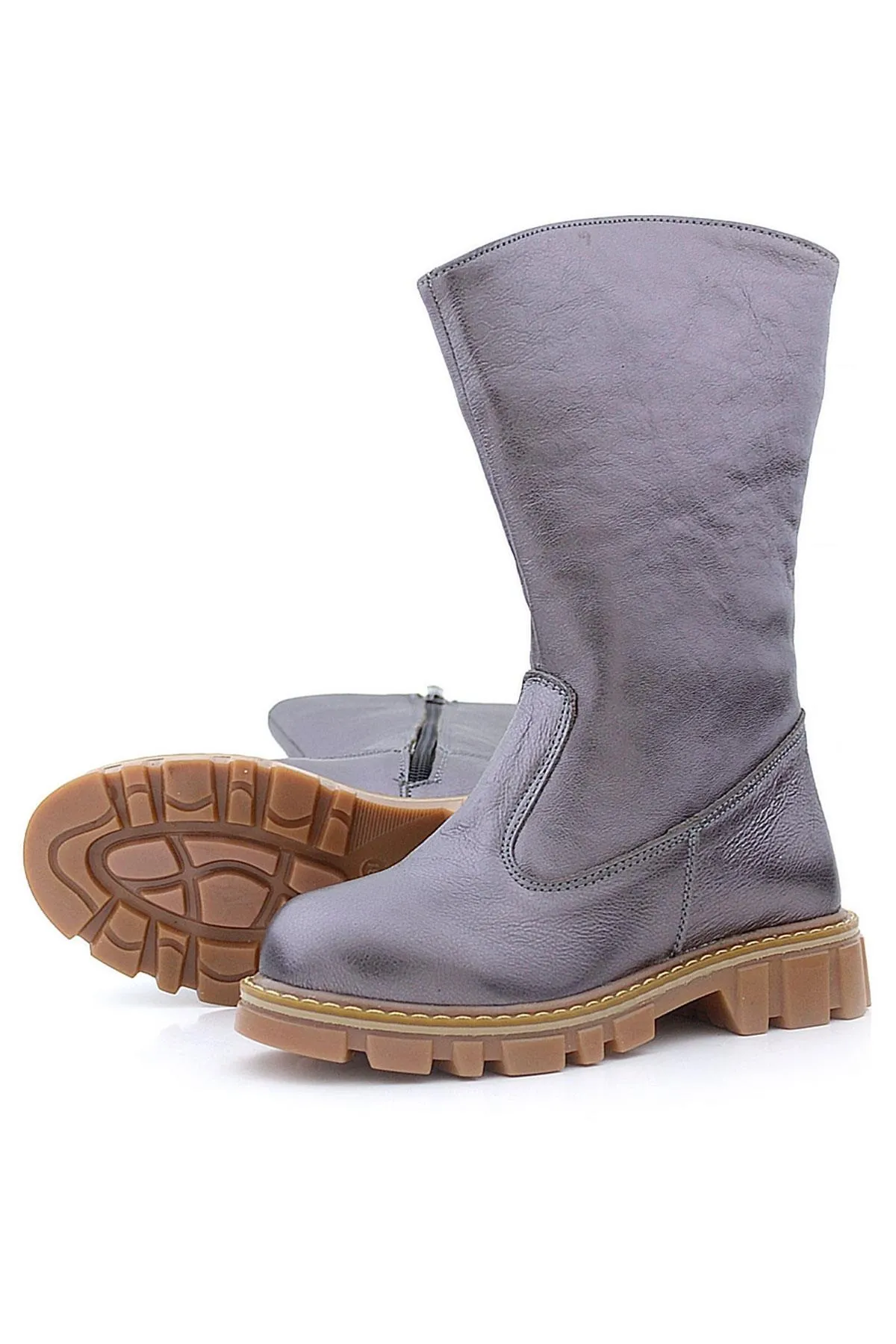 Hakiki Deri Platin Fermuarlı Uzun Kız Çocuk Çizme