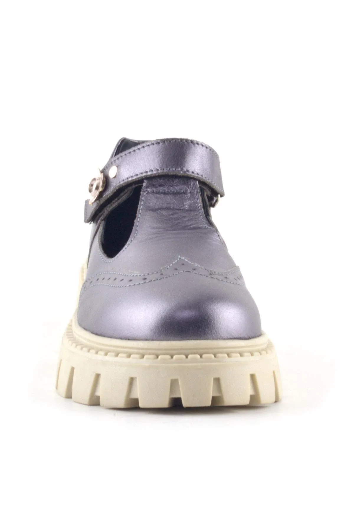 Hakiki Deri Platin Krem Tabanlı Çiçek Detaylı Kız Çocuk Günlük Ayakkabı