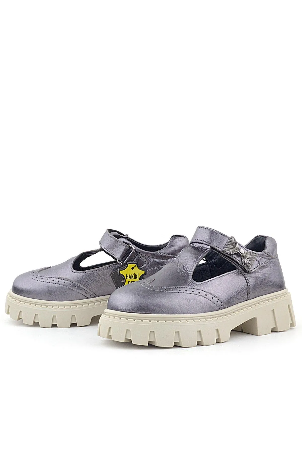 Hakiki Deri Platin Krem Tabanlı Cırtlı Kurdeleli Kız Çocuk Okul Ayakkabı