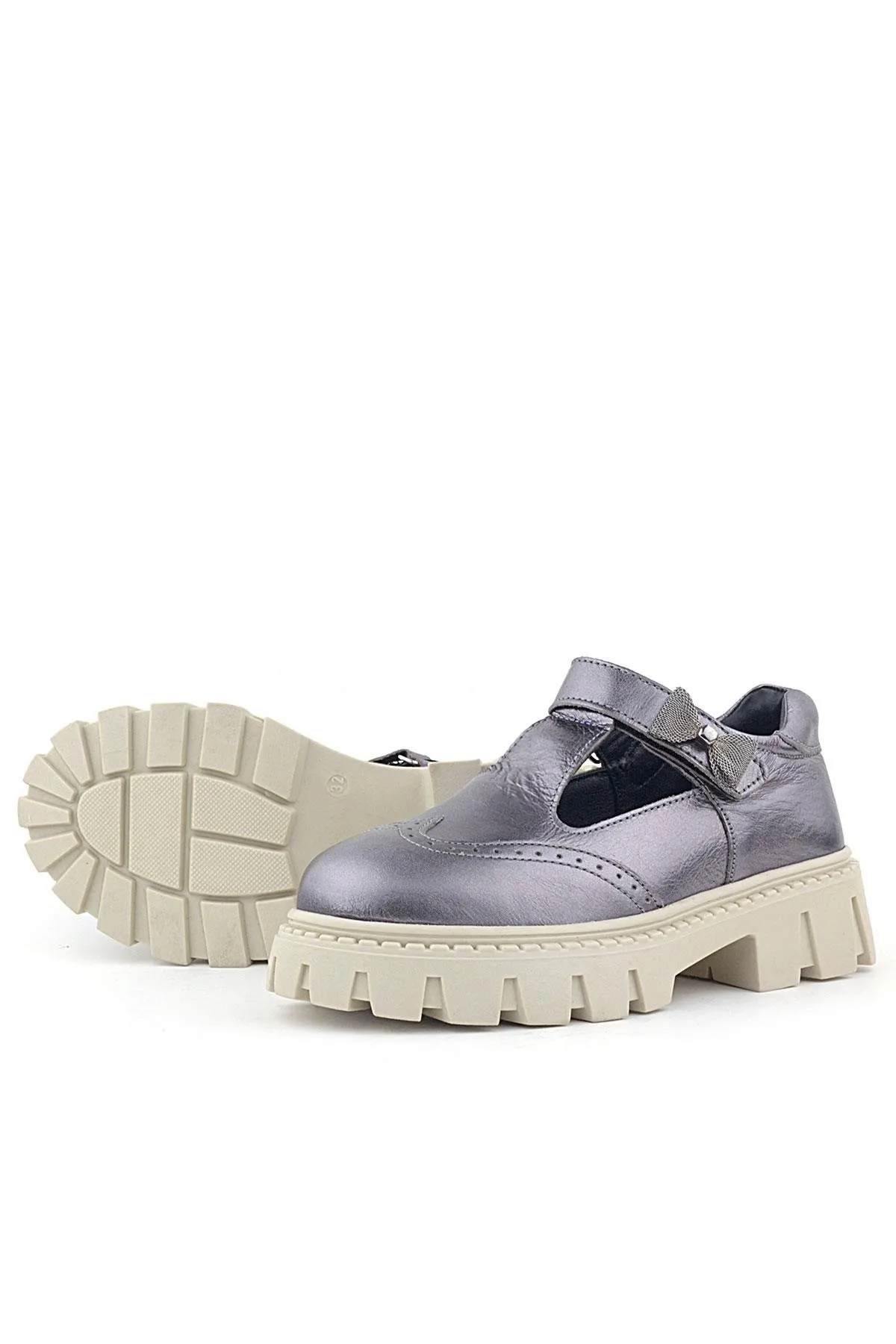 Hakiki Deri Platin Krem Tabanlı Cırtlı Kurdeleli Kız Çocuk Okul Ayakkabı