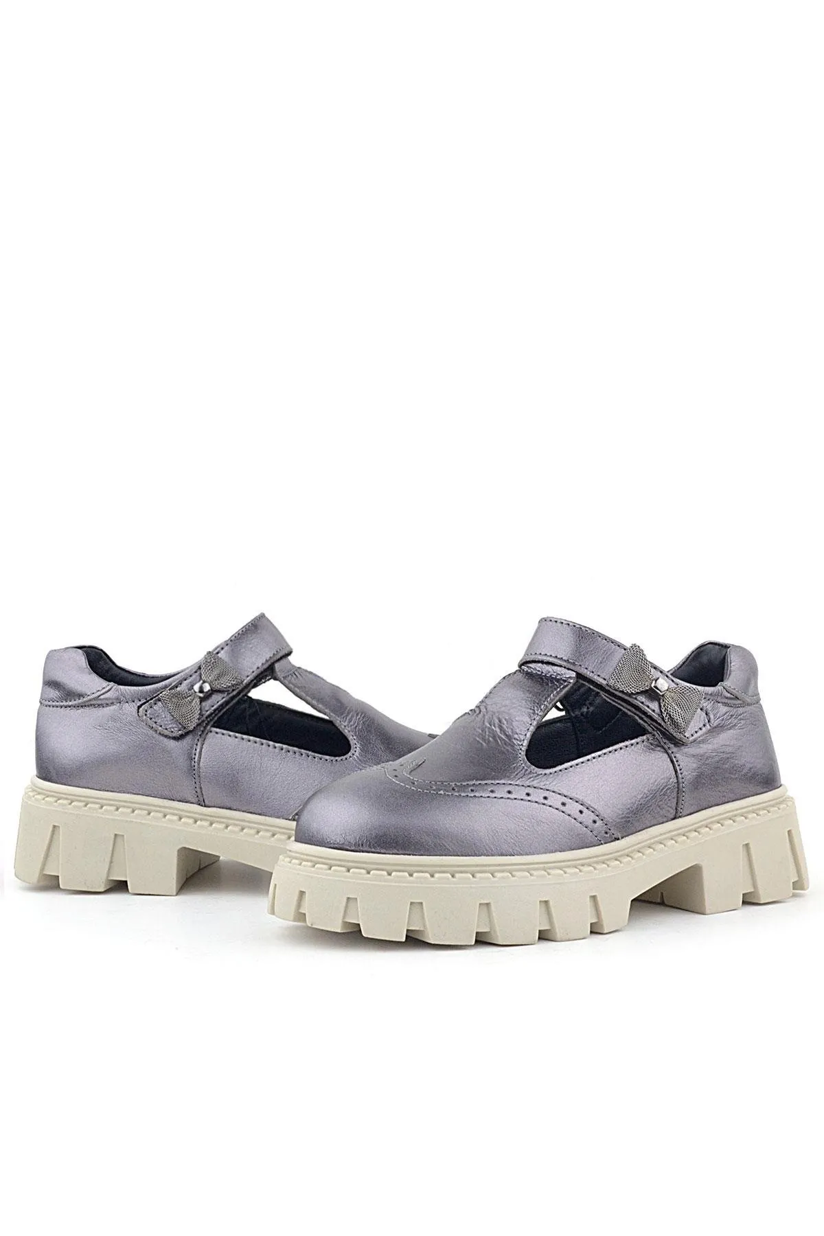 Hakiki Deri Platin Krem Tabanlı Cırtlı Kurdeleli Kız Çocuk Okul Ayakkabı