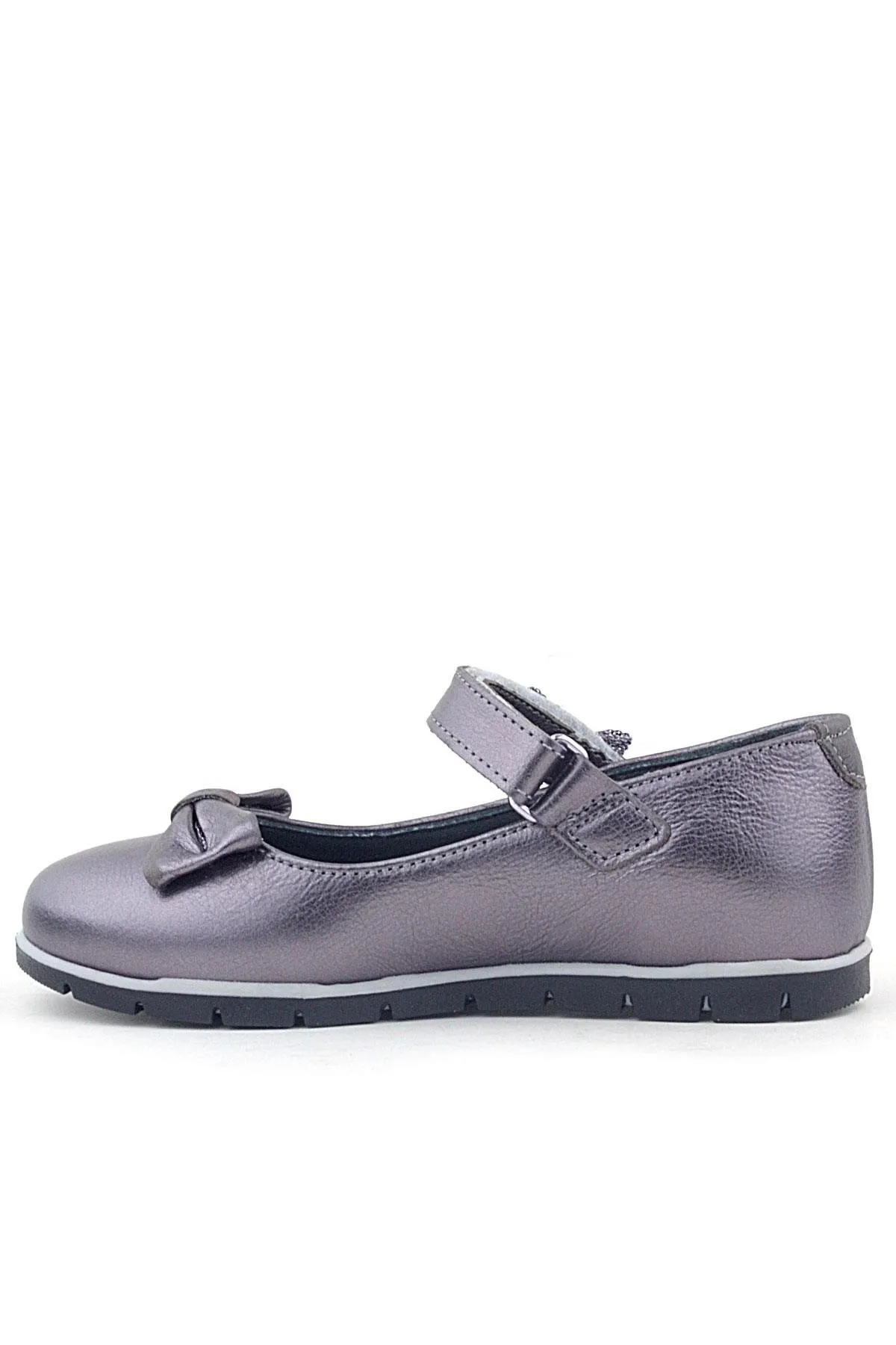 Hakiki Deri Platin Kurdele Detaylı Cırtlı Kız Çocuk Babet Ayakkabı