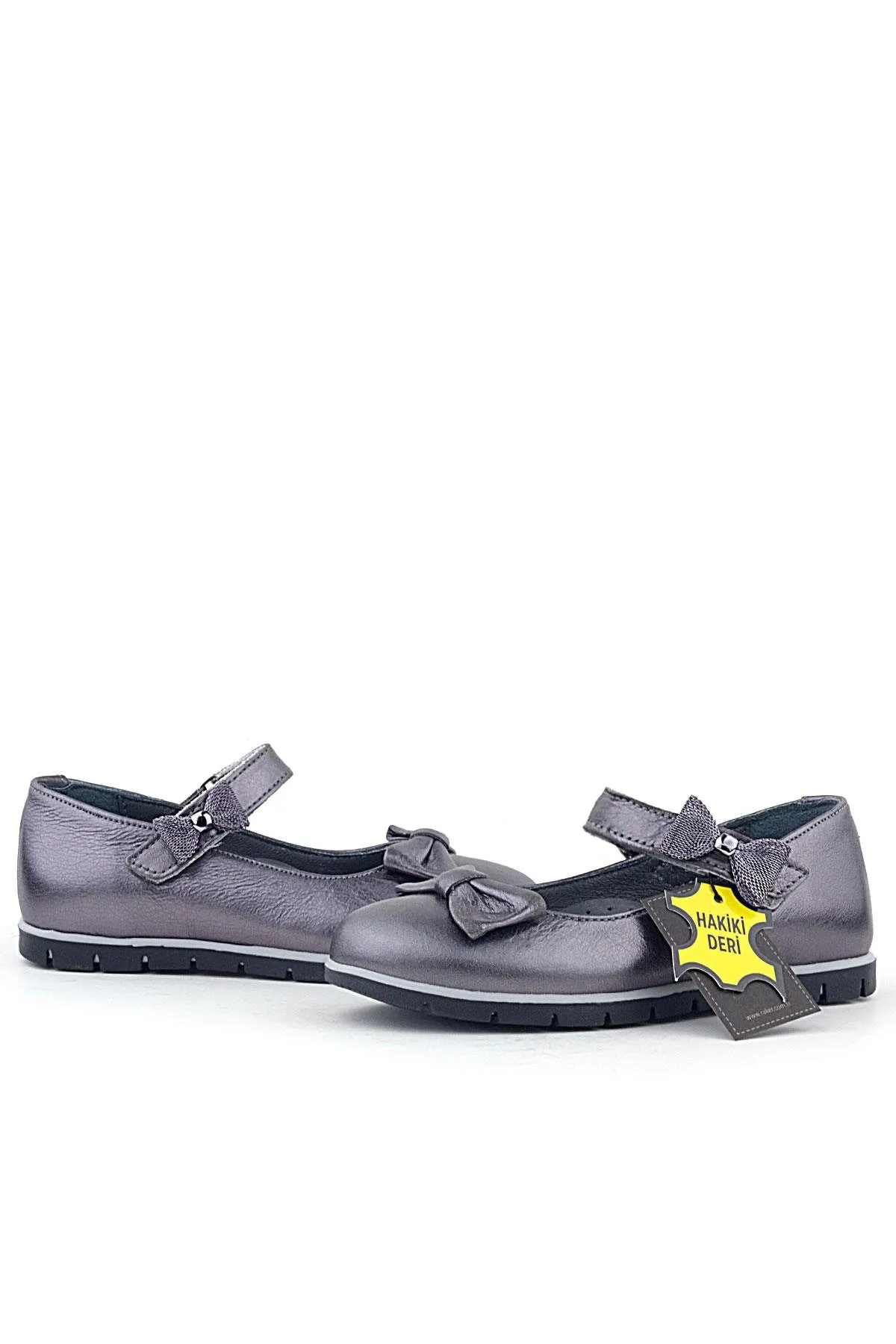Hakiki Deri Platin Kurdele Detaylı Cırtlı Kız Çocuk Babet Ayakkabı