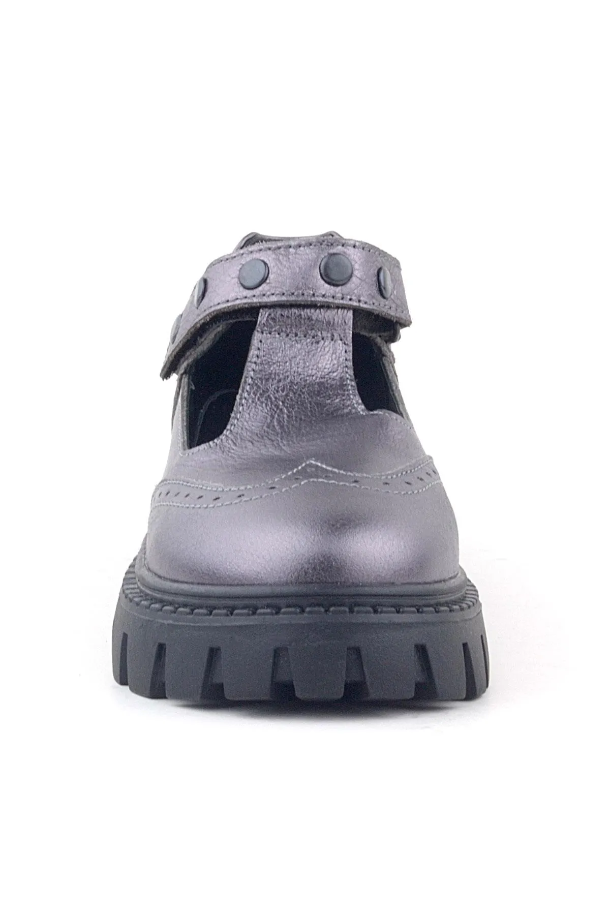 Hakiki Deri Platin Metal Detaylı Cırtlı Kız Çocuk Okul Ayakkabı