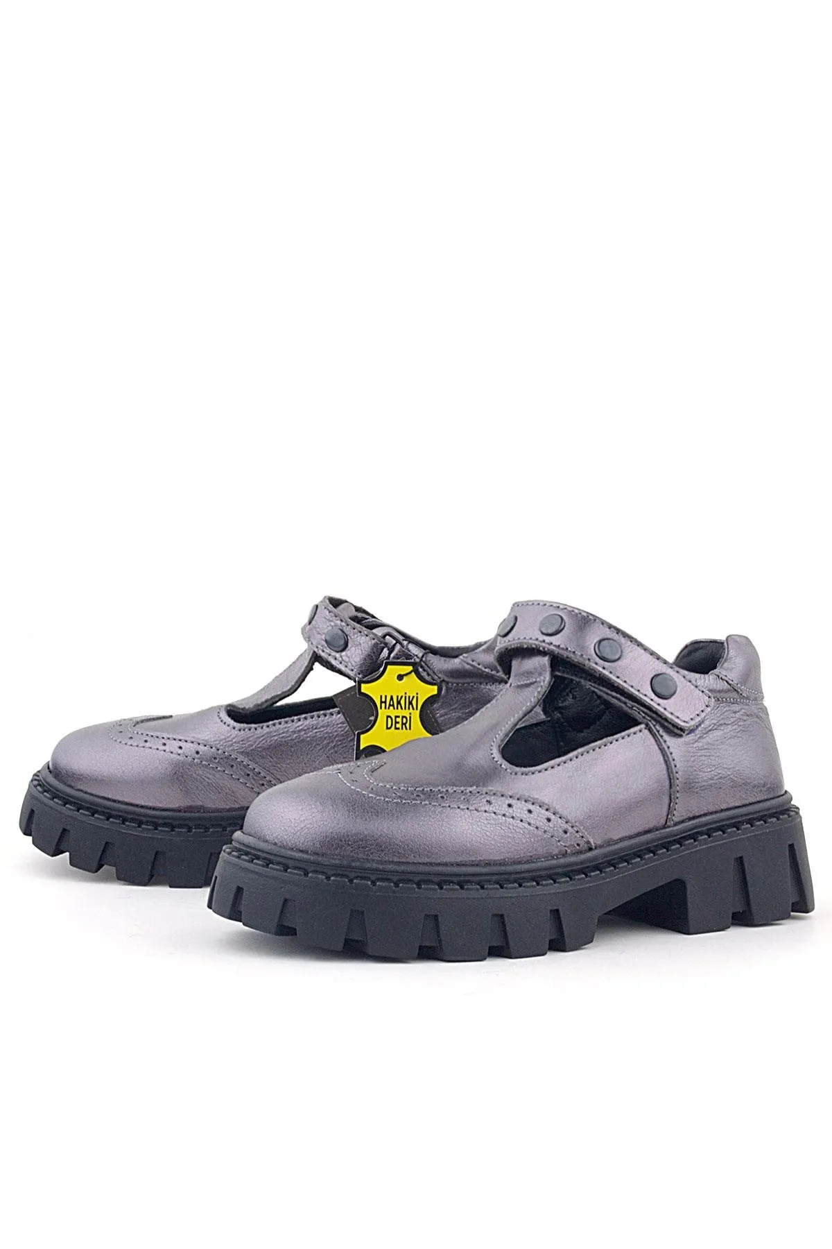 Hakiki Deri Platin Metal Detaylı Cırtlı Kız Çocuk Okul Ayakkabı