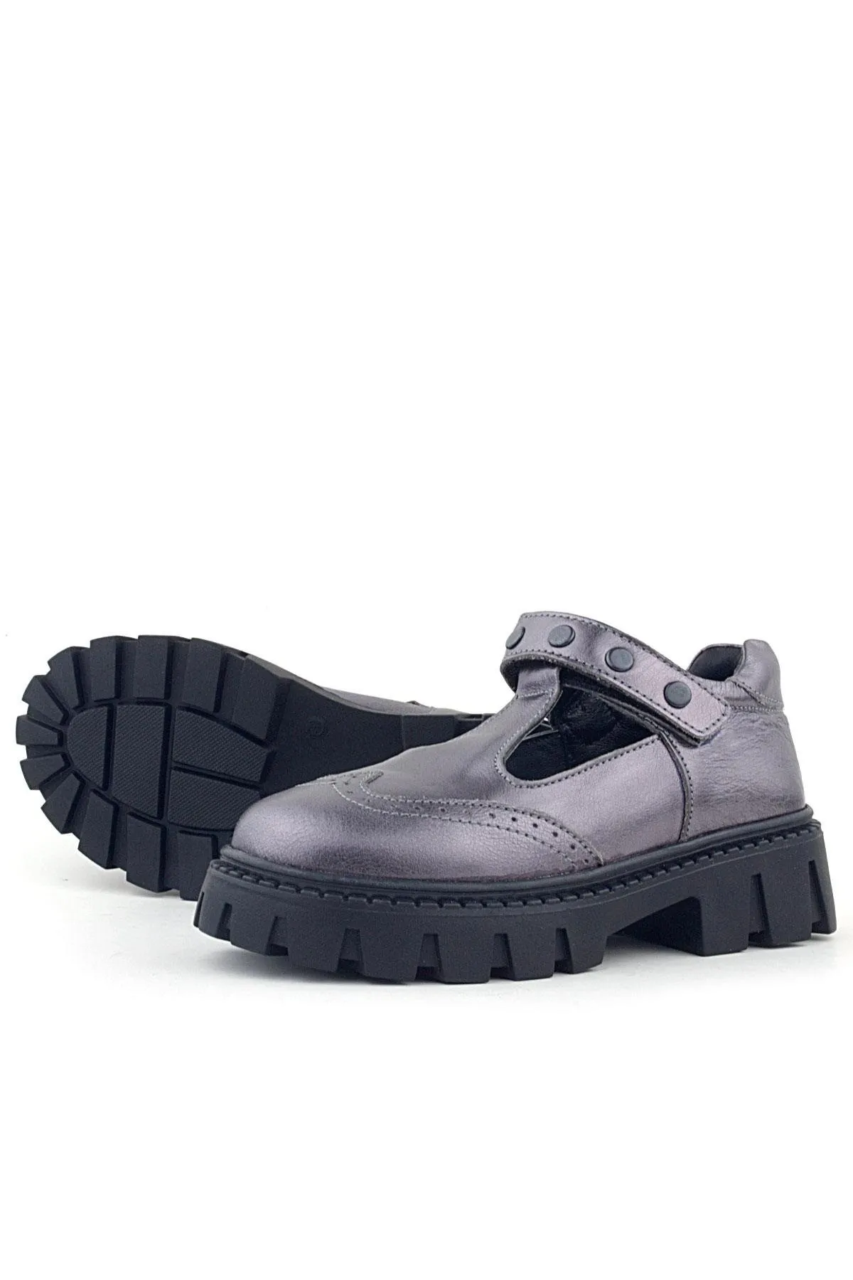 Hakiki Deri Platin Metal Detaylı Cırtlı Kız Çocuk Okul Ayakkabı