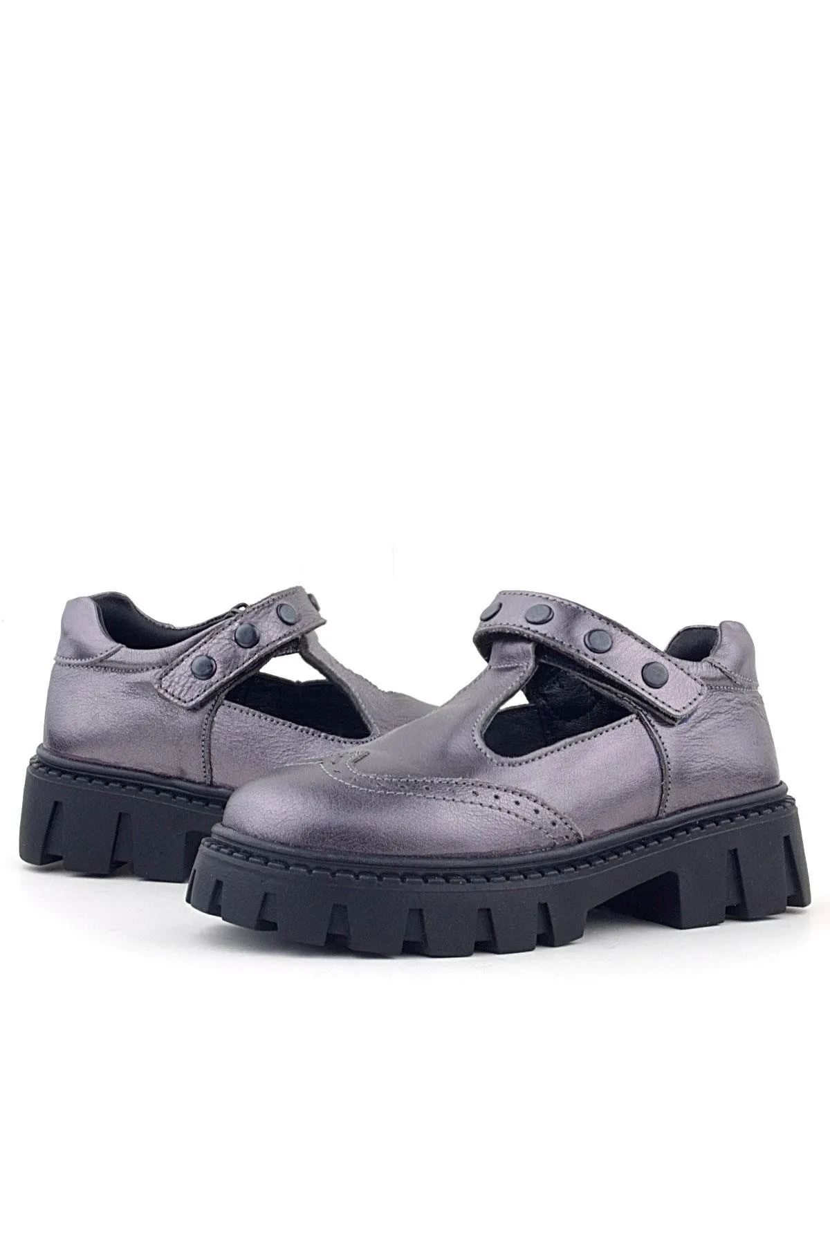 Hakiki Deri Platin Metal Detaylı Cırtlı Kız Çocuk Okul Ayakkabı