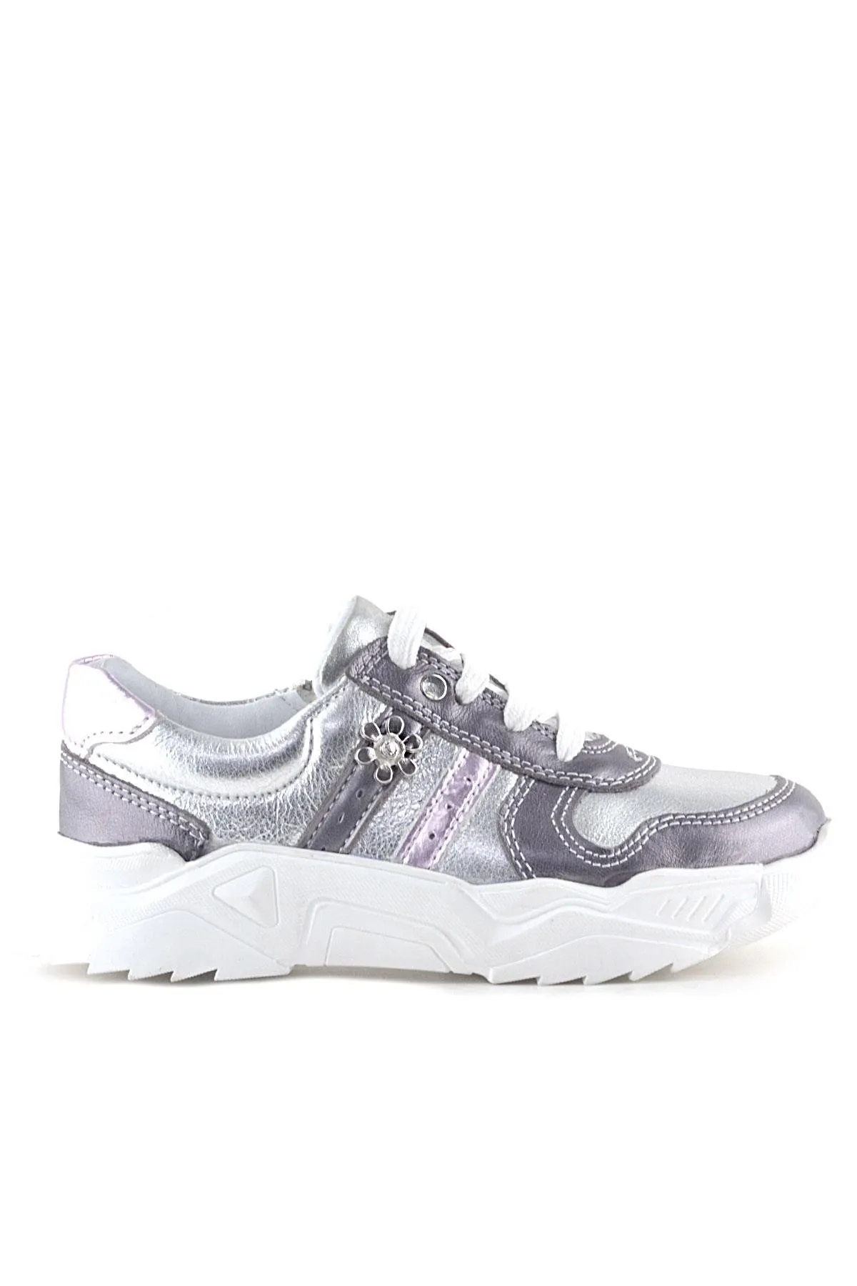 Hakiki Deri Platin Pembe Çiçek Metal Detaylı Kız Çocuk Spor Ayakkabı