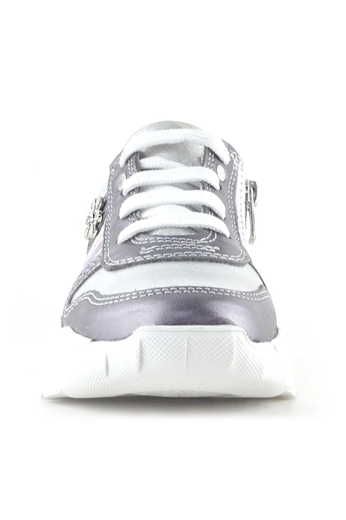 Hakiki Deri Platin Pembe Çiçek Metal Detaylı Kız Çocuk Spor Ayakkabı