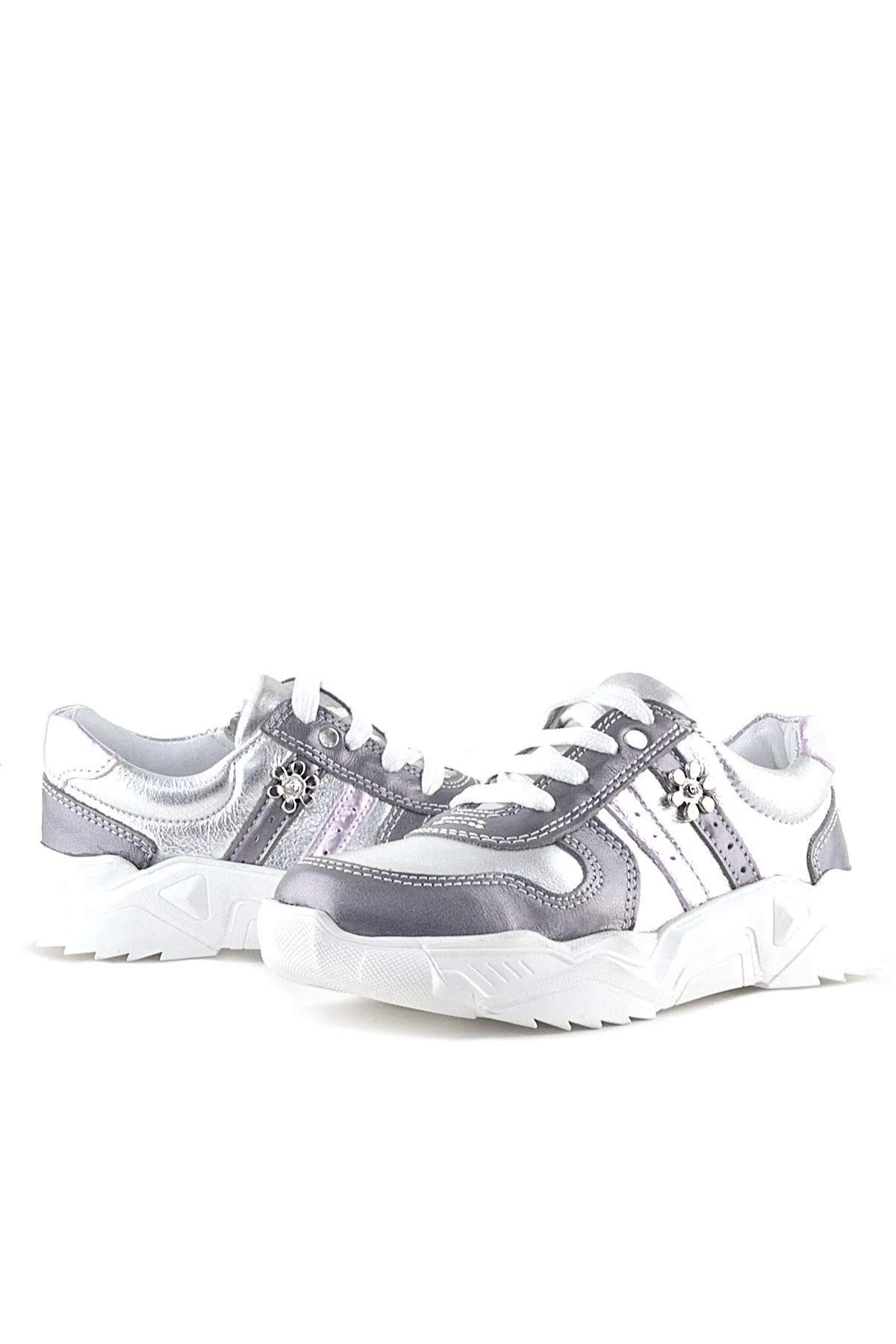 Hakiki Deri Platin Pembe Çiçek Metal Detaylı Kız Çocuk Spor Ayakkabı