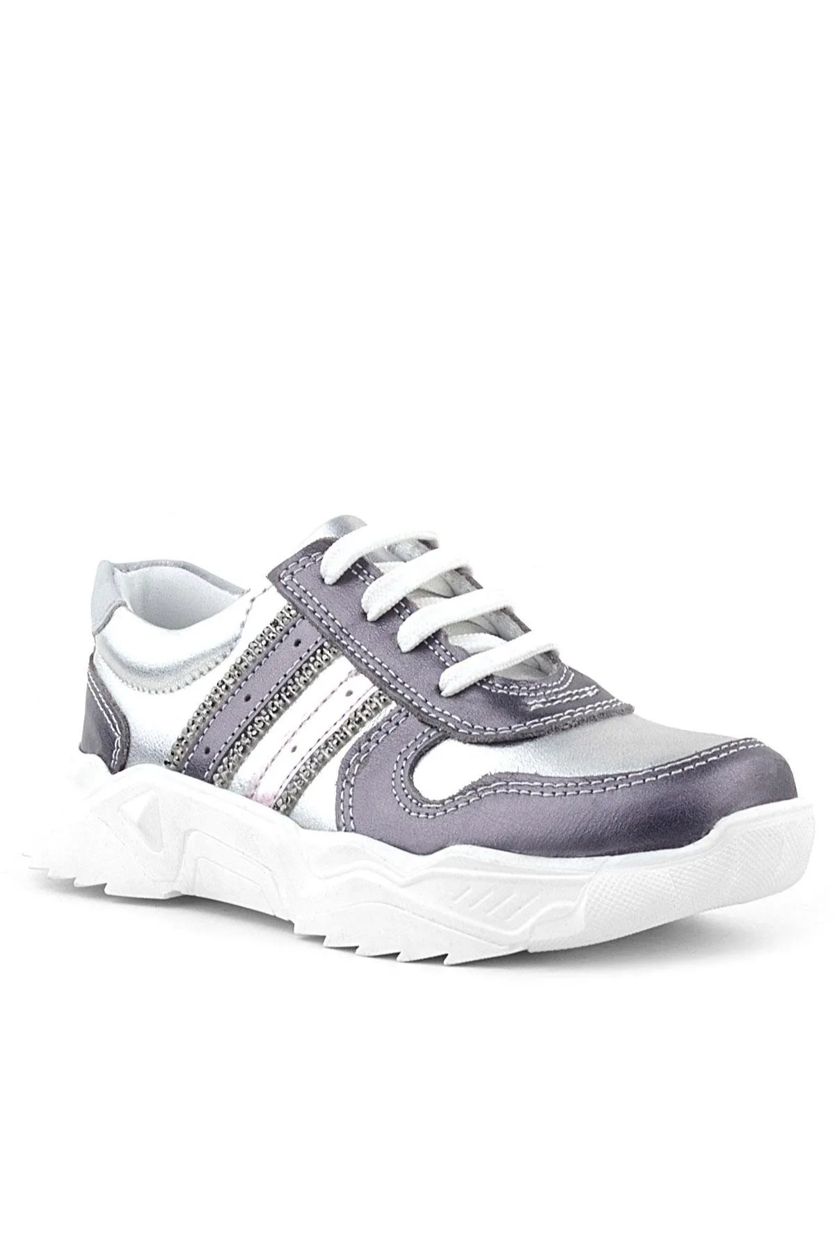 Hakiki Deri Platin Pembe Parlak Taşlı Kız Çocuk Sneakers Ayakkabı