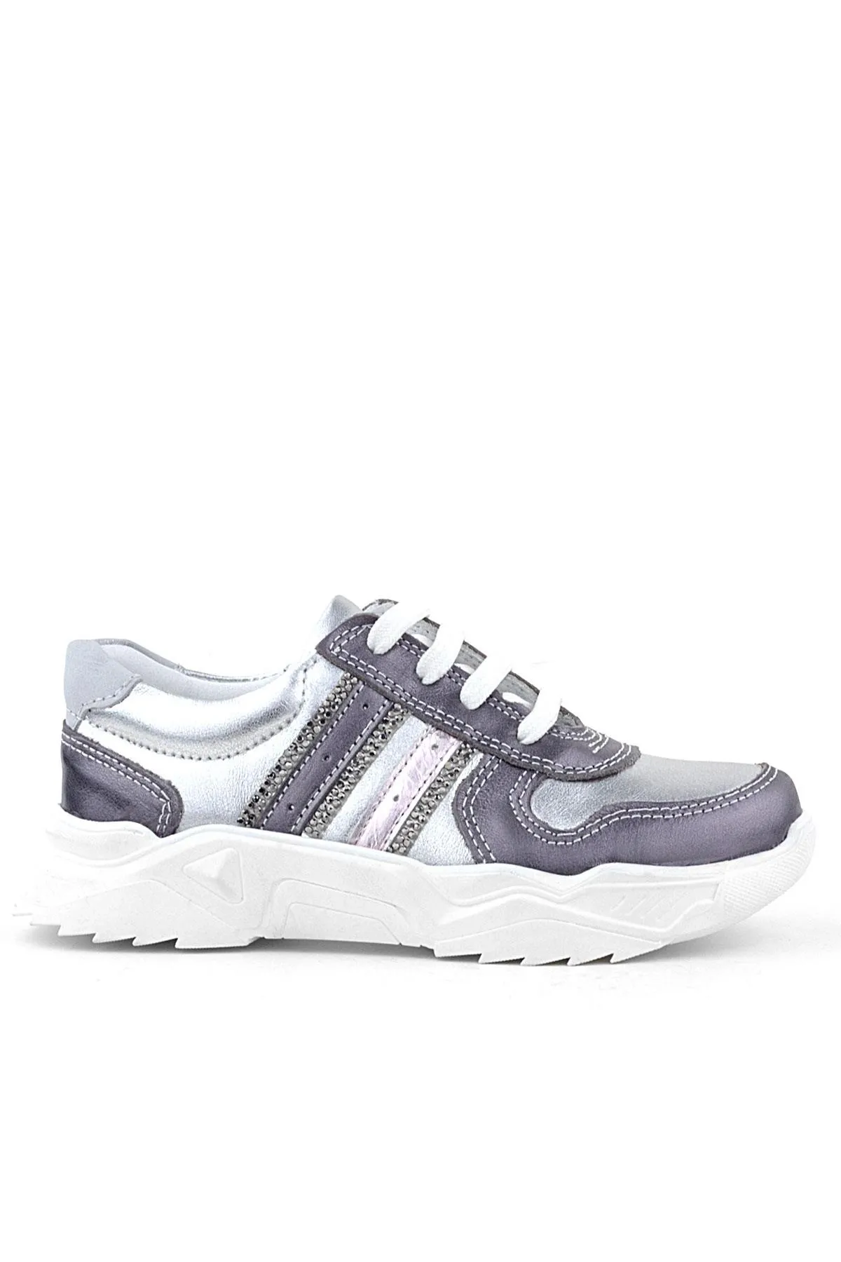 Hakiki Deri Platin Pembe Parlak Taşlı Kız Çocuk Sneakers Ayakkabı